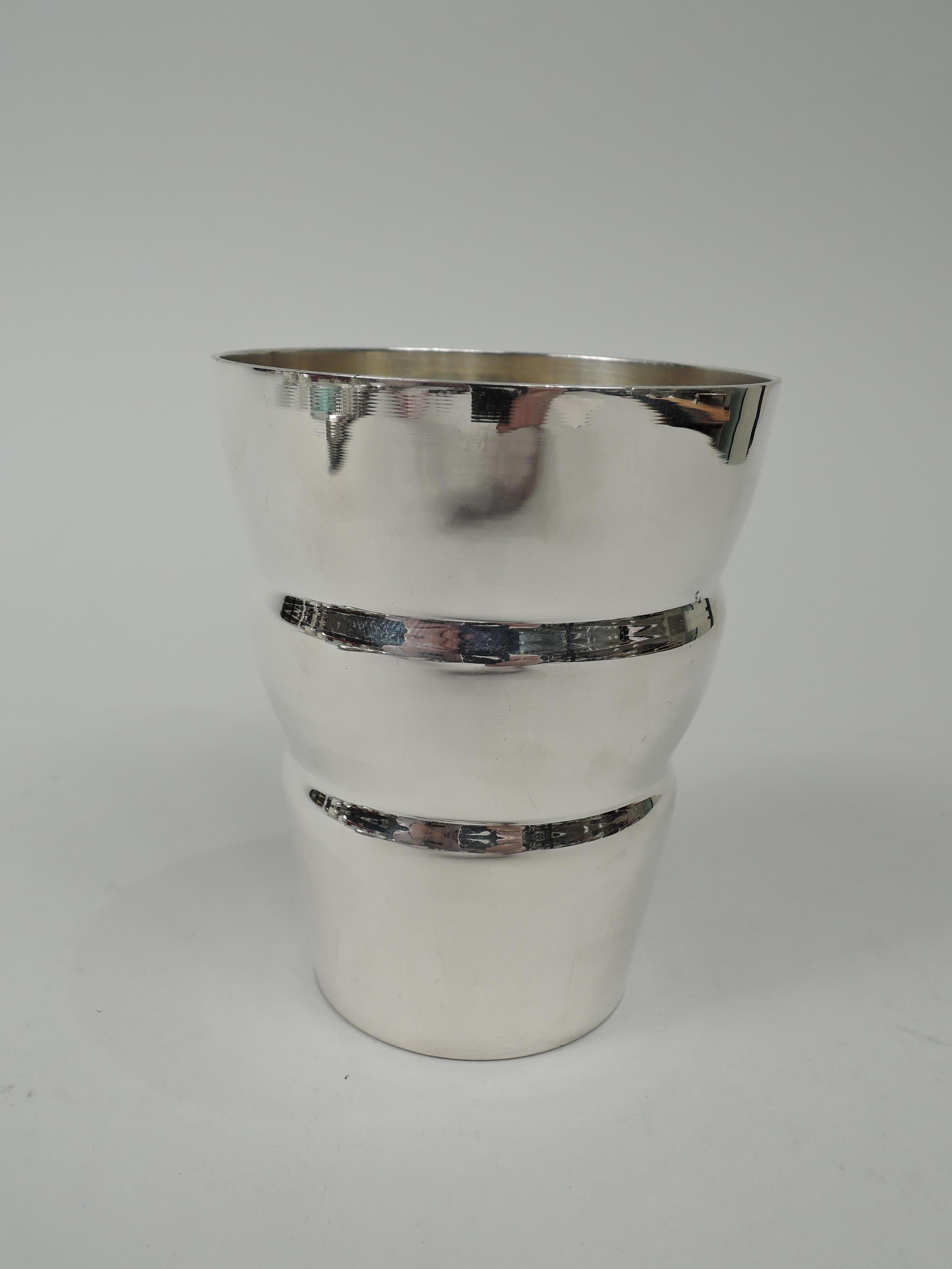 American sterling silver wine beaker. Tapering bowl with beehive-style lobing. Gilt-washed interior. Marked “925 / Sterling”. Weight: 3.6 troy ounces.