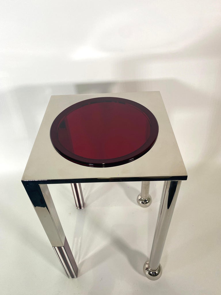 American Modern "Sun" Table, Polished Nickel and Red Lucite, Charles