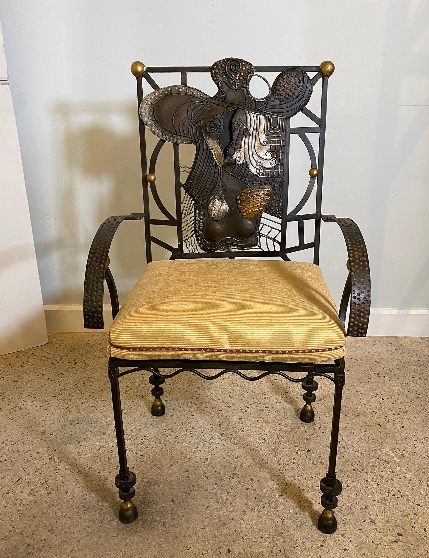 American modern surrealist armchair. Tall upright back over square seat with gilded spherical connectors and an applied surrealist back design. Design is multilevel with abstractxxxxxxxxxxxxxxxxxxxxxxxxxx.