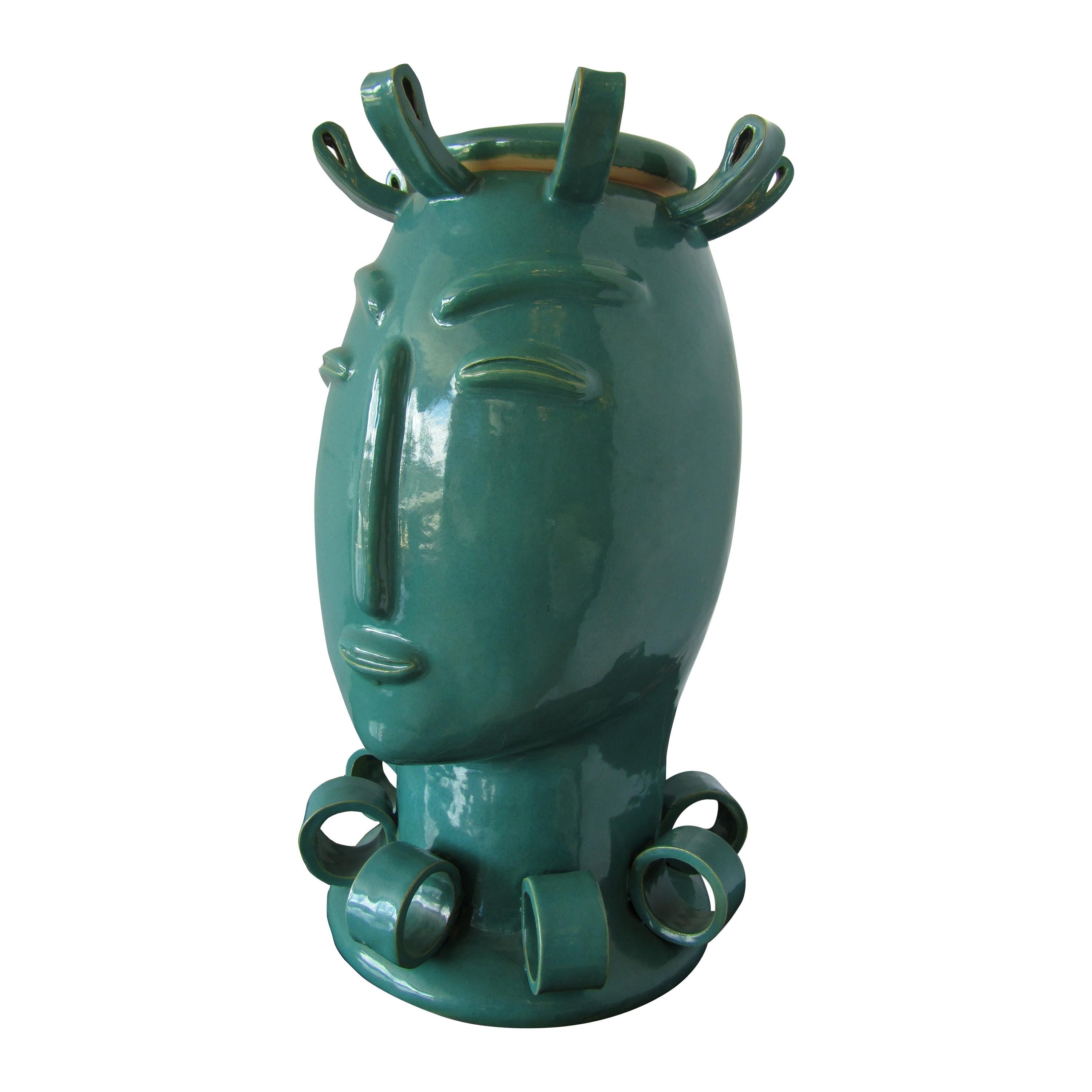 American Modern Turquoise Glazed Ceramic Covered Vessel of a Stylized Lady Tozai For Sale