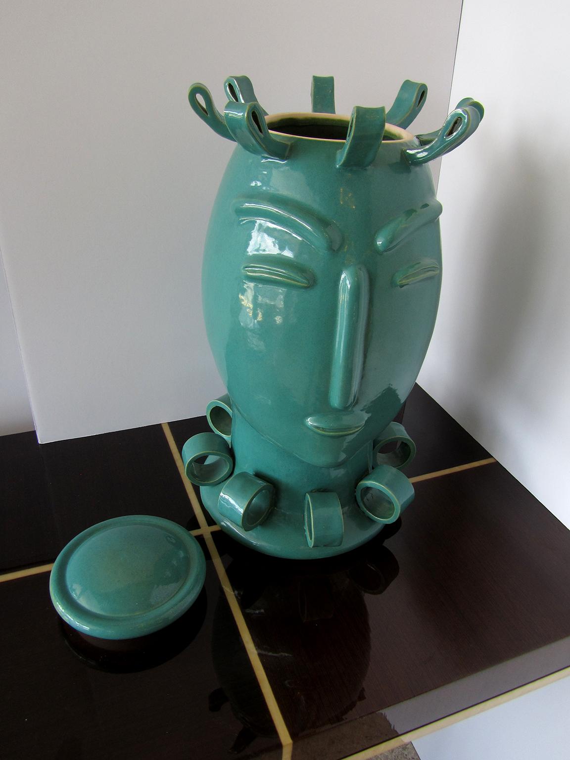 Mid-Century Modern American Modern Turquoise Glazed Ceramic Covered Vessel of a Stylized Lady Tozai For Sale
