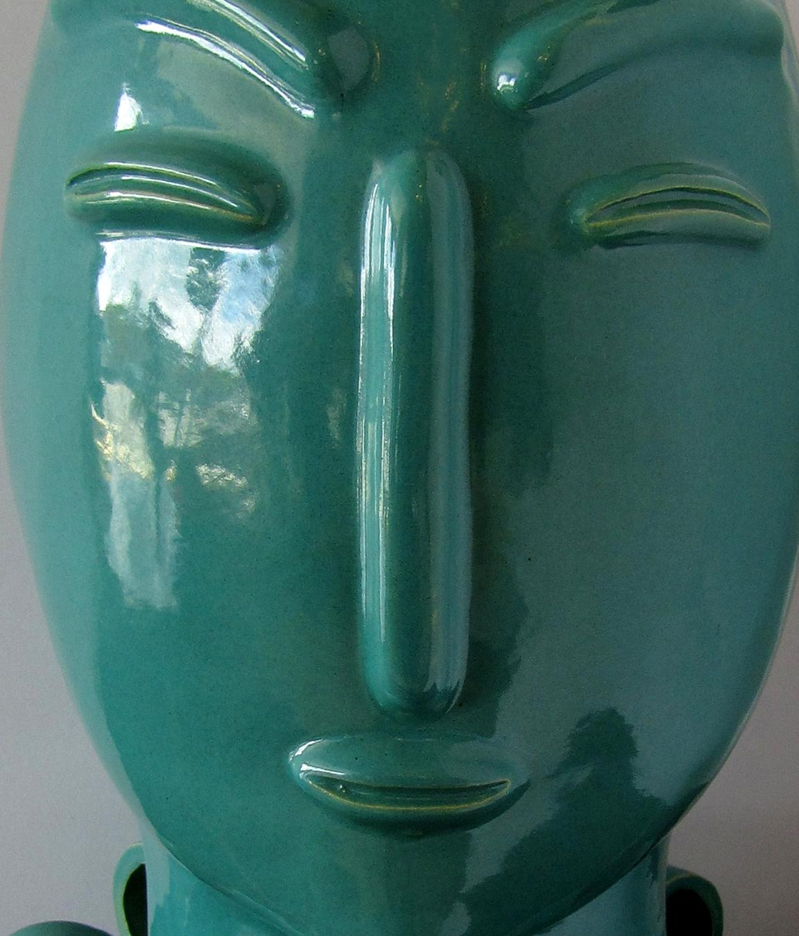 Contemporary American Modern Turquoise Glazed Ceramic Covered Vessel of a Stylized Lady Tozai For Sale