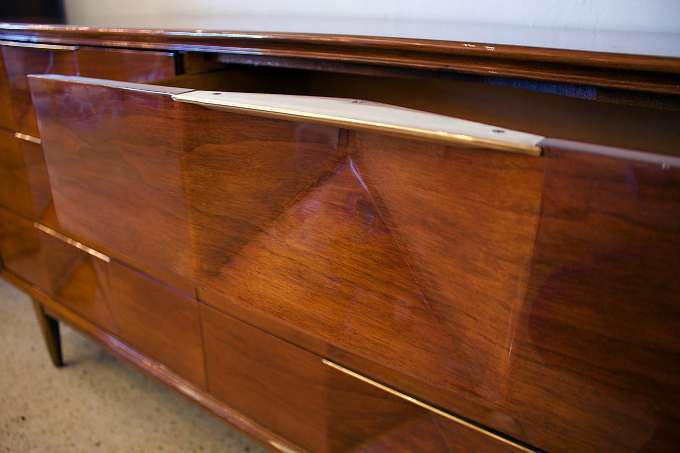 Mid-20th Century American Modern Walnut and Brass Chest of Drawers, American of Martinsville
