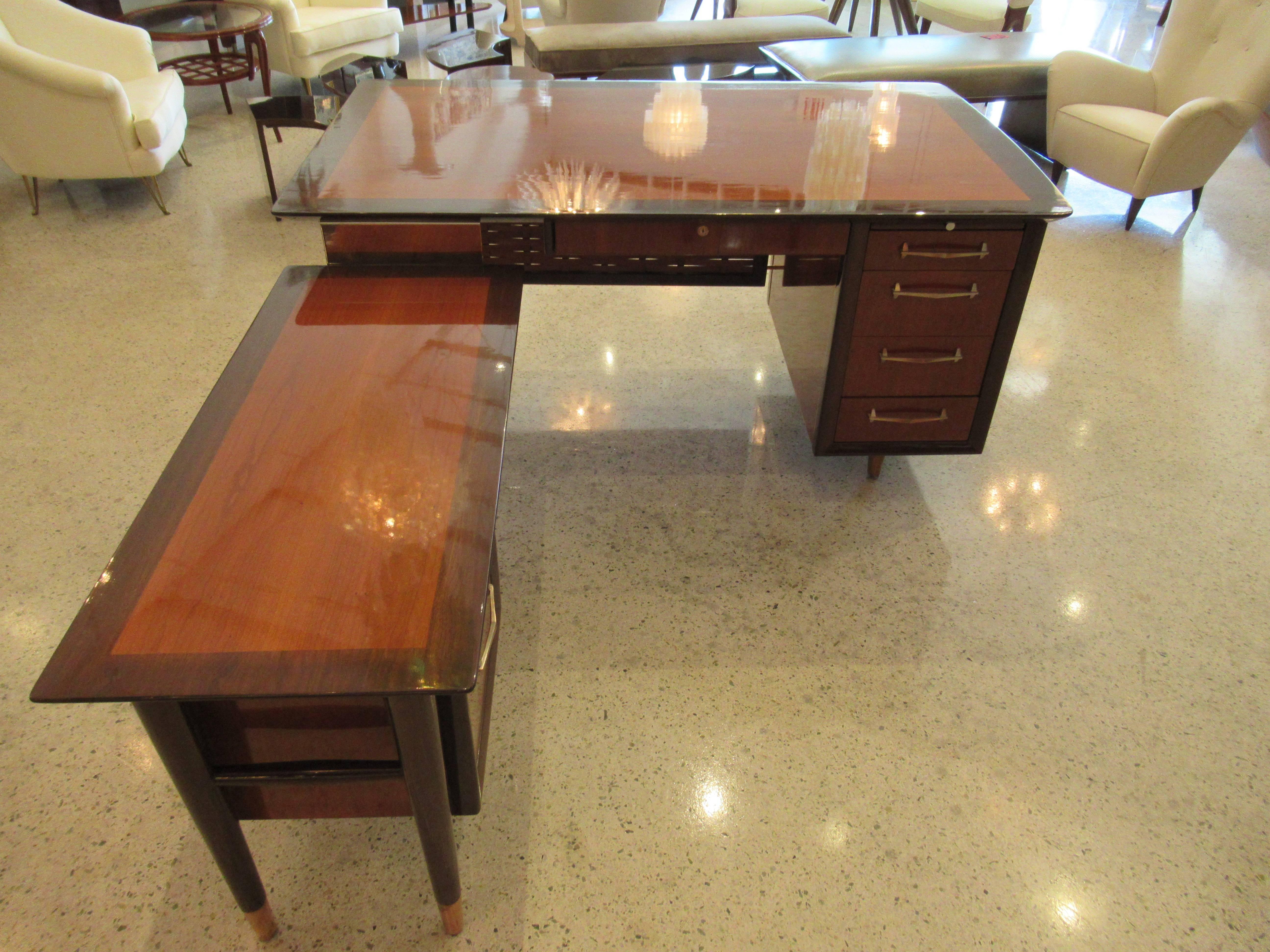 American Modern Walnut & Mahogany Executive Desk with Return, Alma Desk Company In Excellent Condition In Hollywood, FL