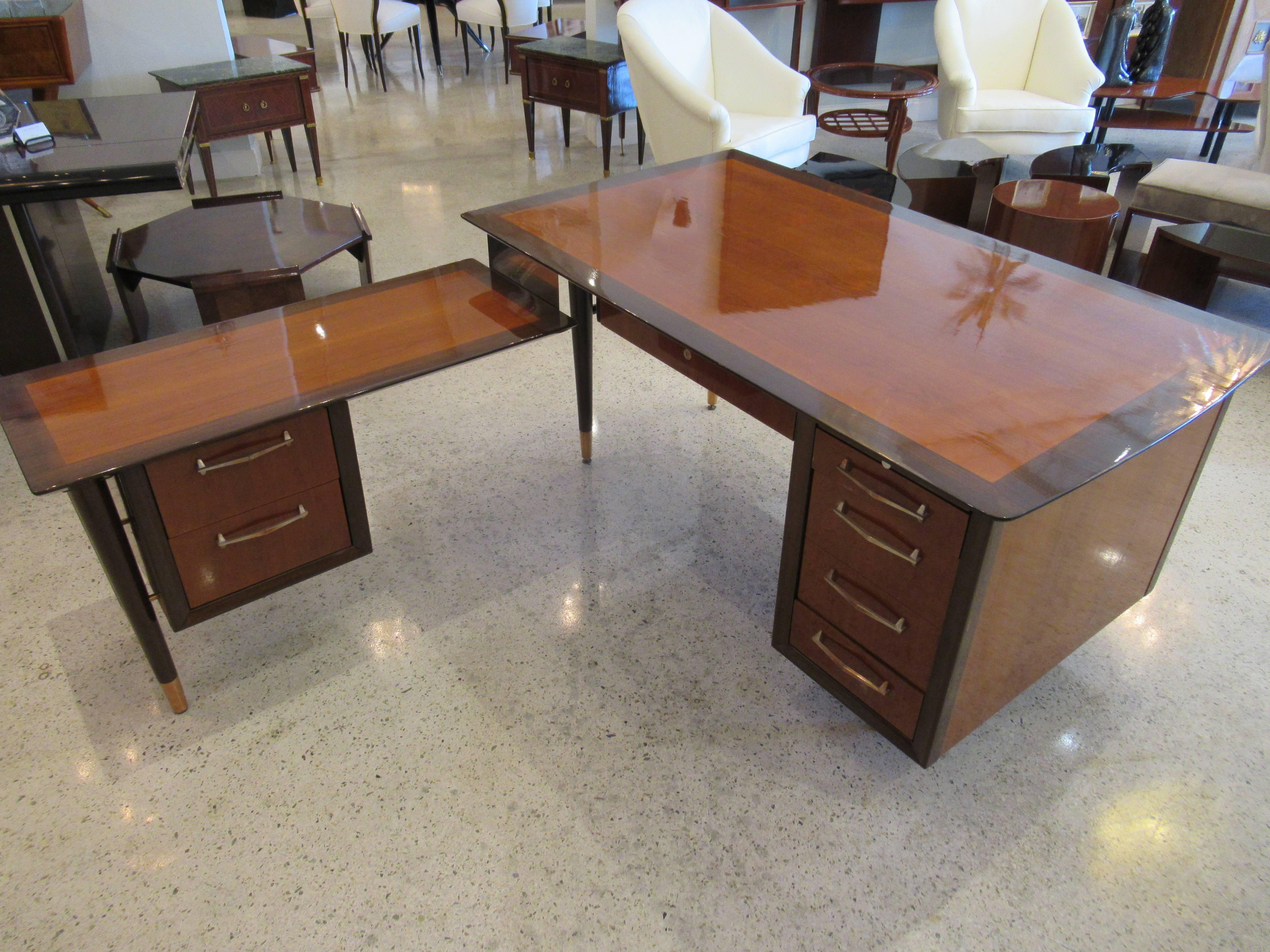 Mid-20th Century American Modern Walnut & Mahogany Executive Desk with Return, Alma Desk Company
