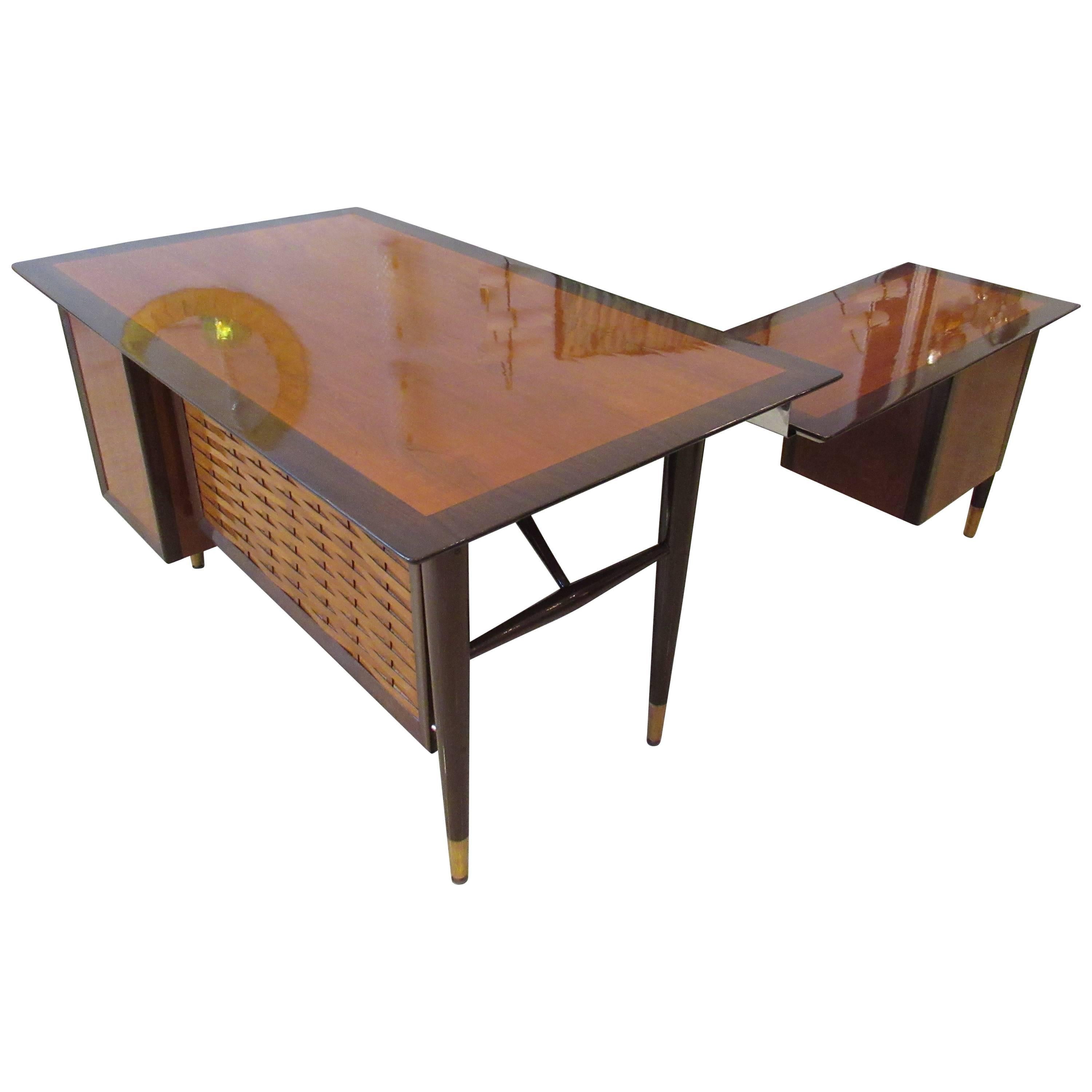 American Modern Walnut & Mahogany Executive Desk with Return, Alma Desk Company