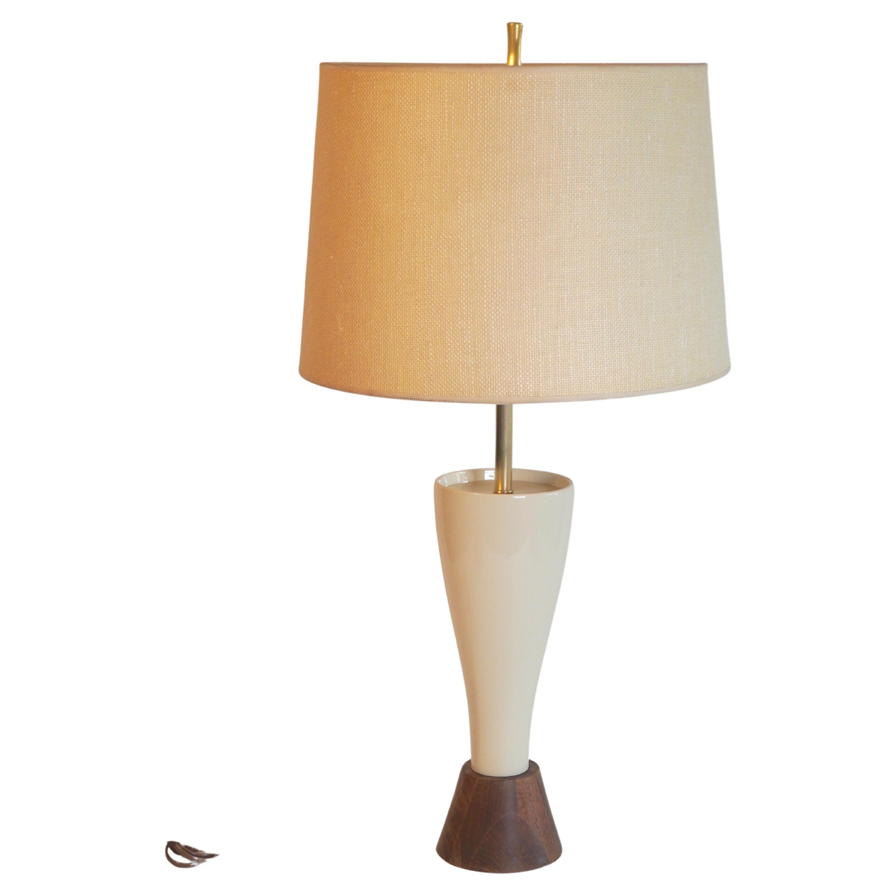 American Modern White Ceramic, Brass and Walnut Table Lamp For Sale