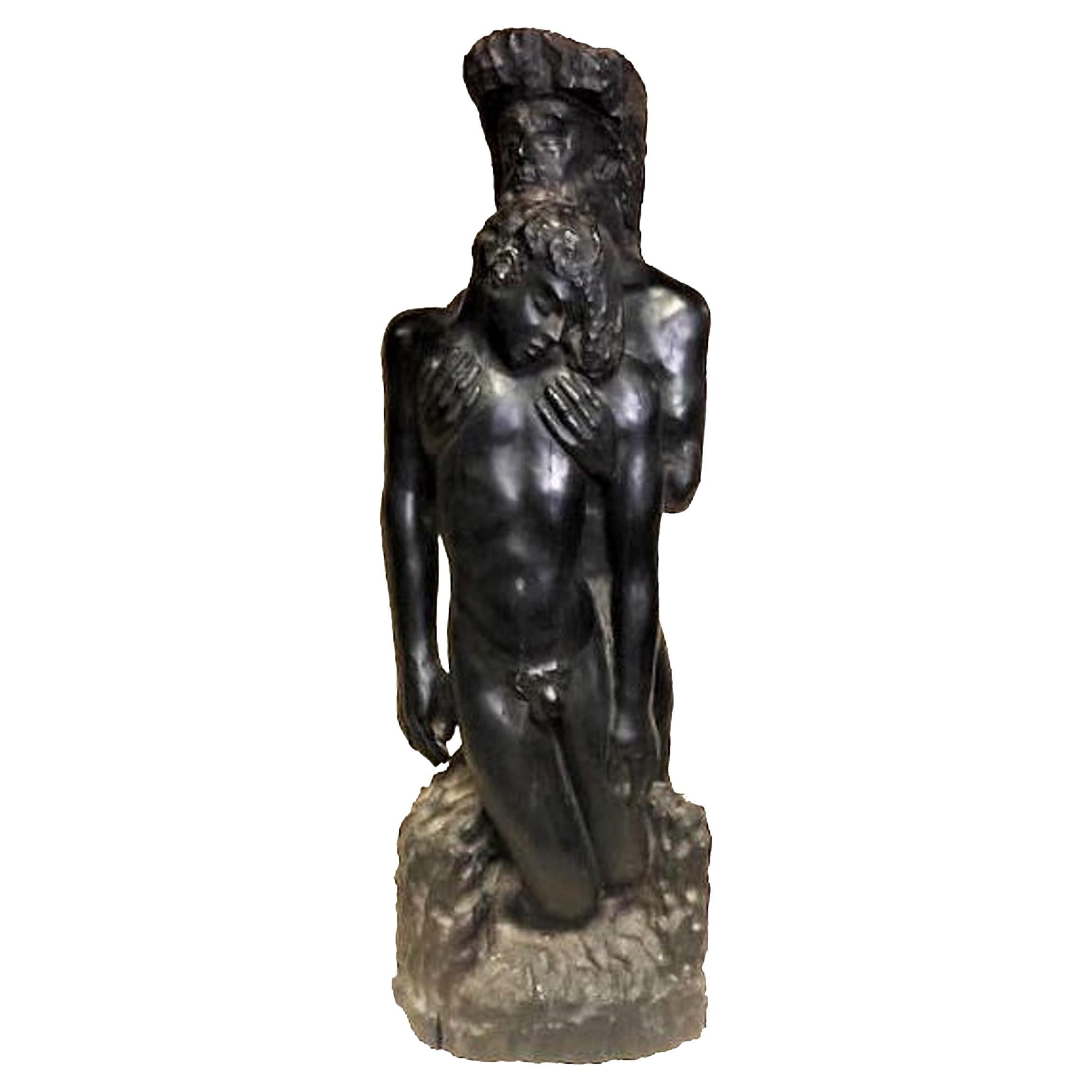 American Modernism, a Pair of Nude Males, Hand-Carved Wood Sculpture, ca. 1940s For Sale