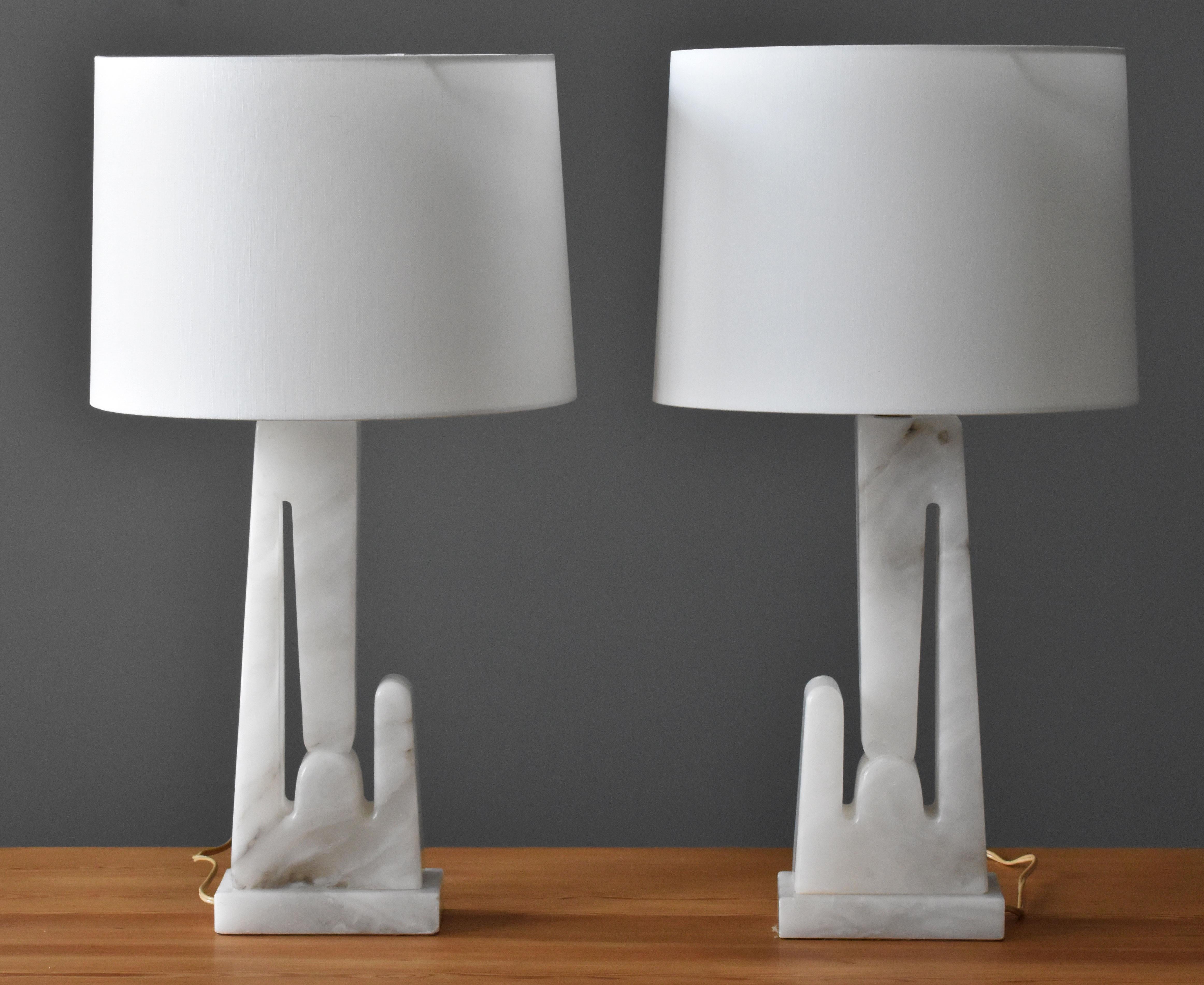 A pair of marble table lamps by an unknown modernist designer. Produced in America, 1960s.

Other American designers of the period include Vladimir Kagan, Isamu Noguchi, George Nakashima, Paul Frankl, and Jane & Gordon Martz. Sold without lampshades.