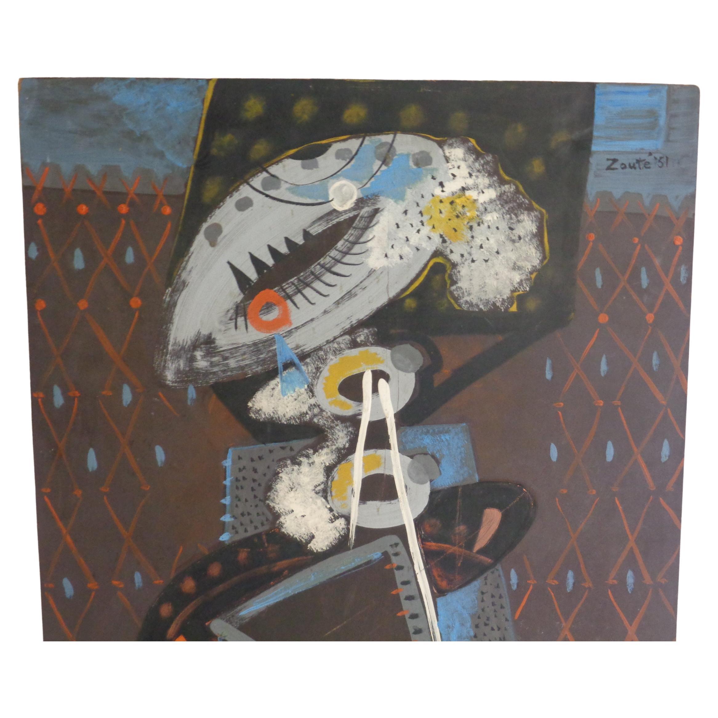 Peinture à l'huile abstraite sur masonite - figure féminine avec de belles couleurs vives ( probablement Thelma - la femme de Zoute ) Leon Salter ( 1903 - 1976, North Rose NY ) alias Zoute - artiste peintre autodidacte. Il a fait partie intégrante