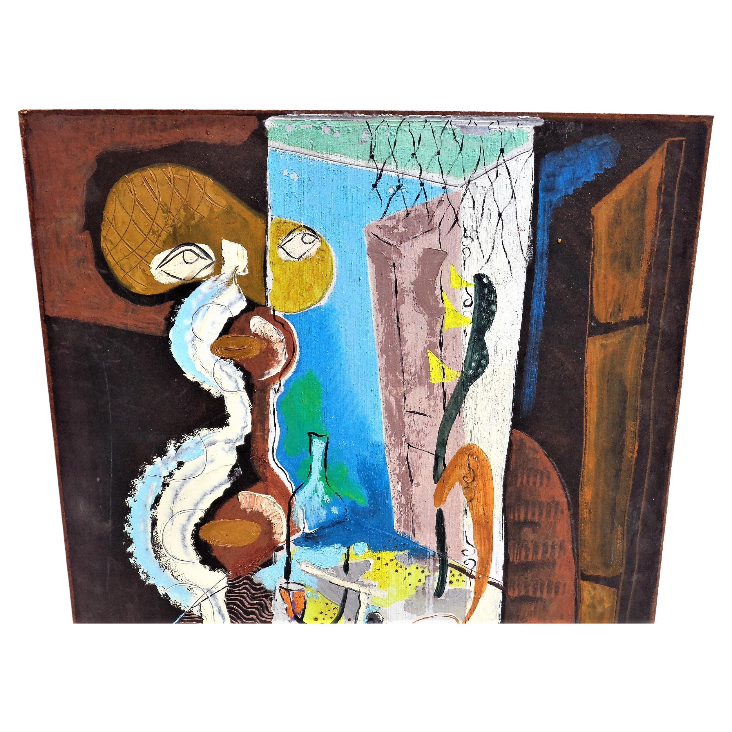 Mid-Century Modern American Modernist Abstract Oil Painting Interior Scene w/ Figure, Zoute' 1947