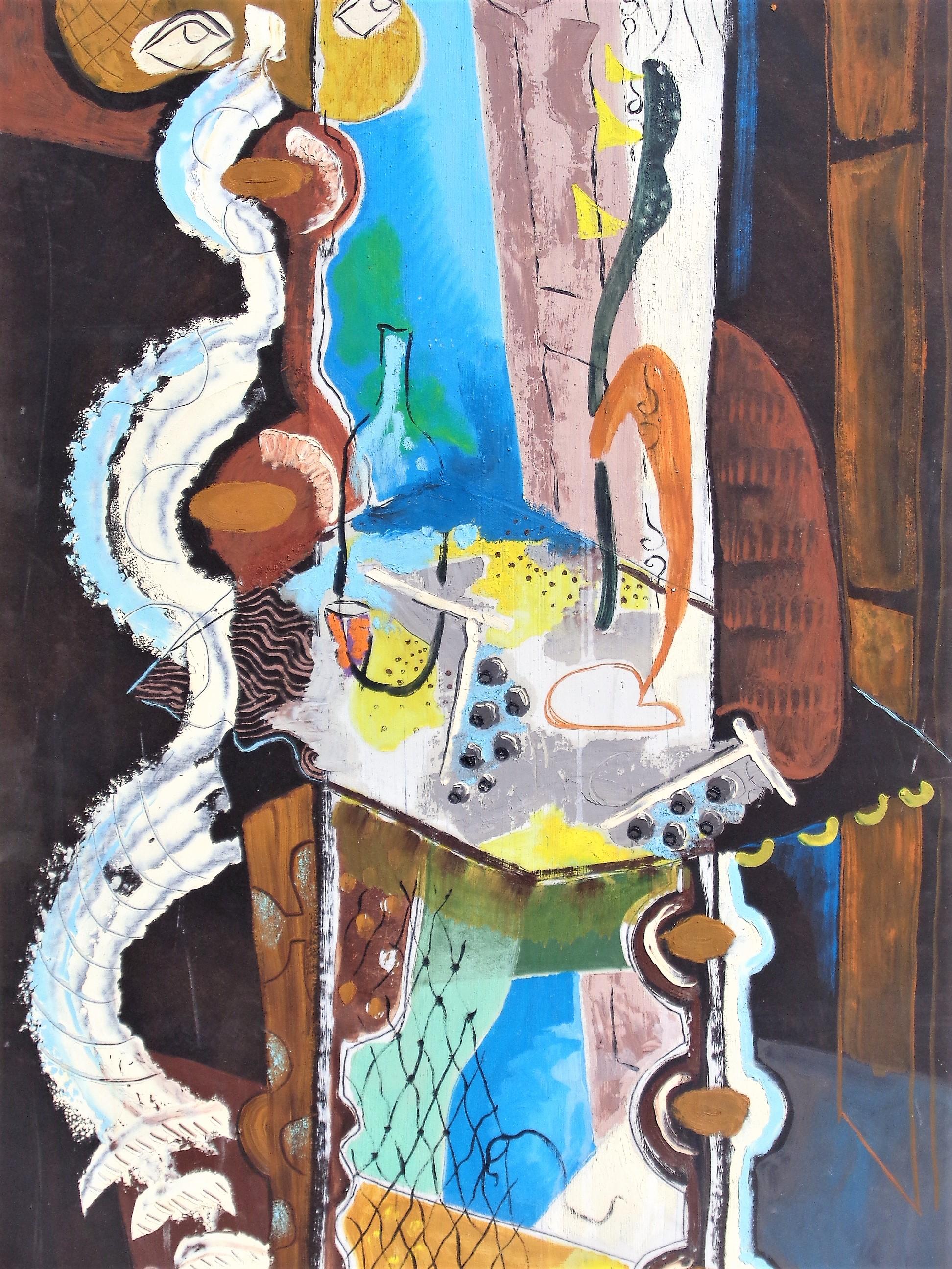 Hand-Painted American Modernist Abstract Oil Painting Interior Scene w/ Figure, Zoute' 1947