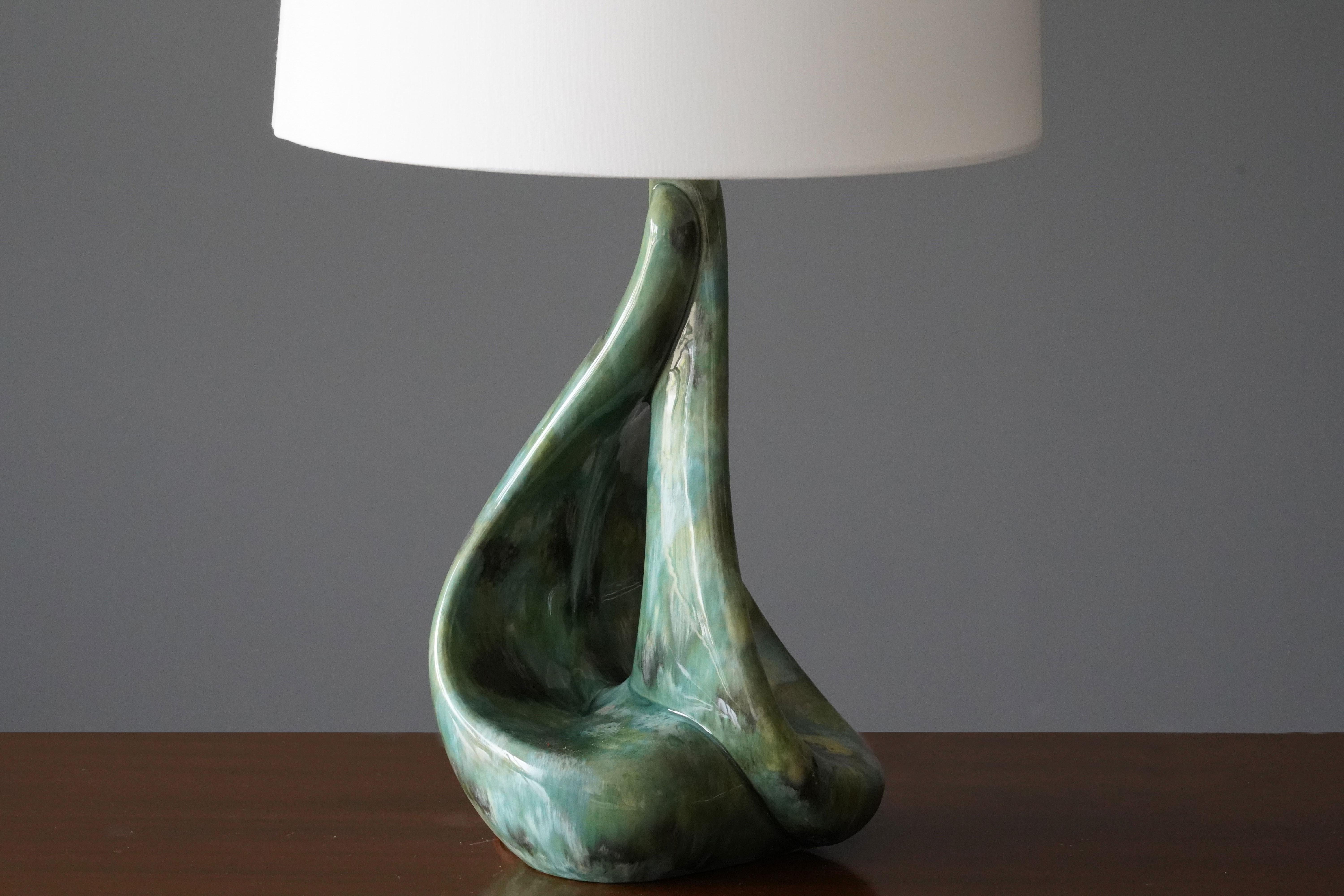 Brass American Modernist Craft, Organic Table or Desk Lamp, Ceramic, Fabric, 1960s