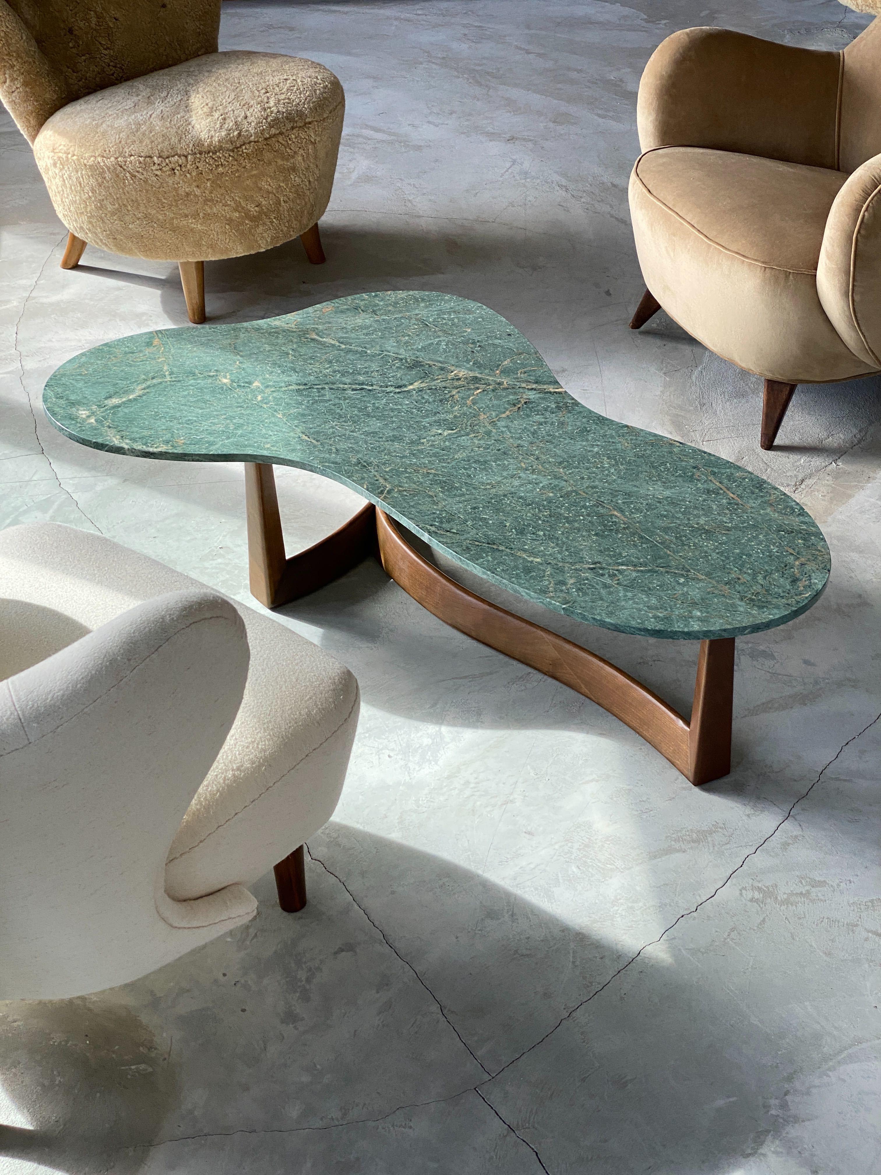 American Modernist Designer, Coffee Table, Green Marble, Walnut, 1950s, America 1