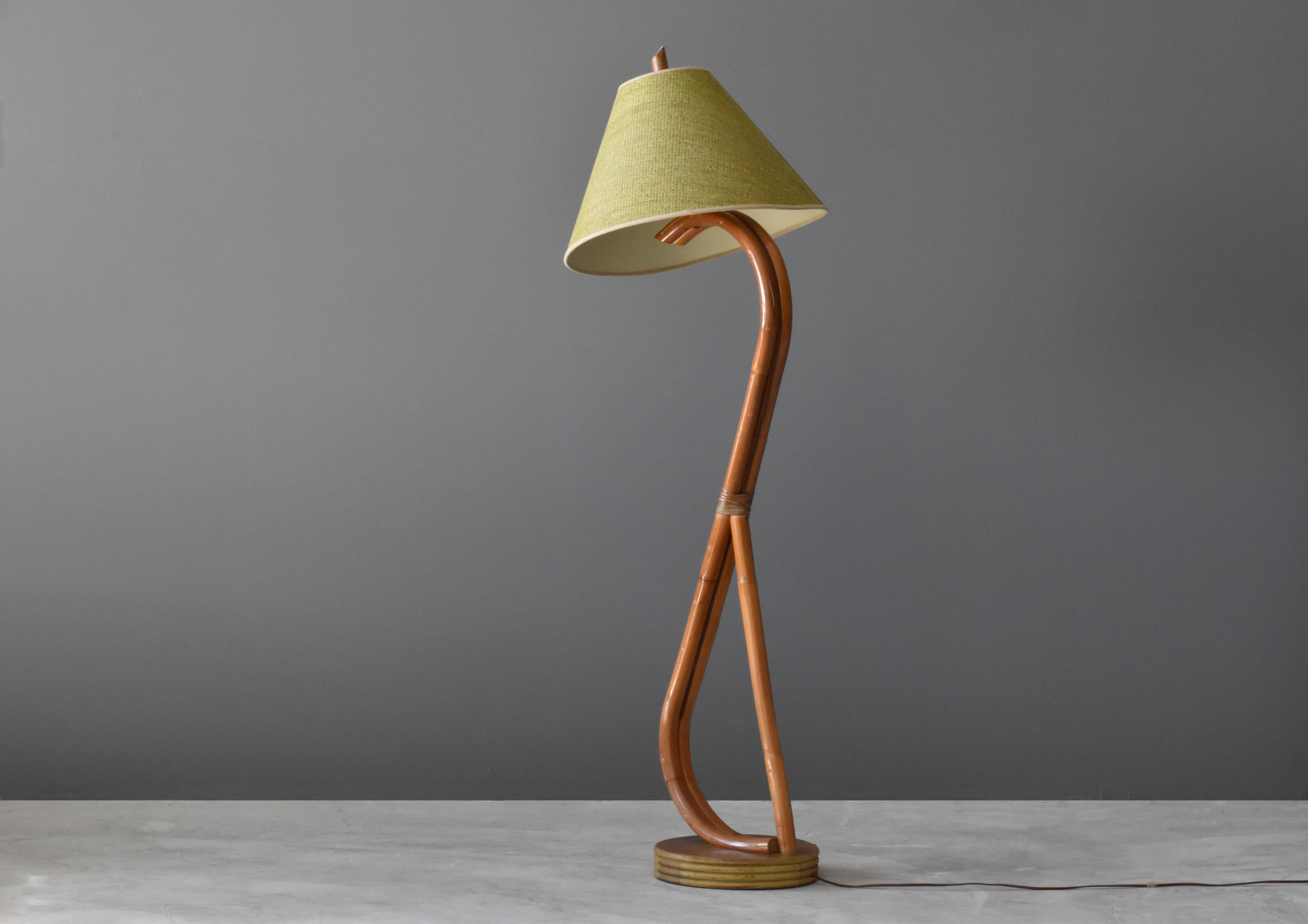 Mid-Century Modern American Modernist Designer, Organic Floor Lamp, Bamboo, Cane, Wood, 1950s