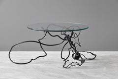 American Modernist Designer, Side Table, Glass Top, Sculpted Metal Base, 1970s