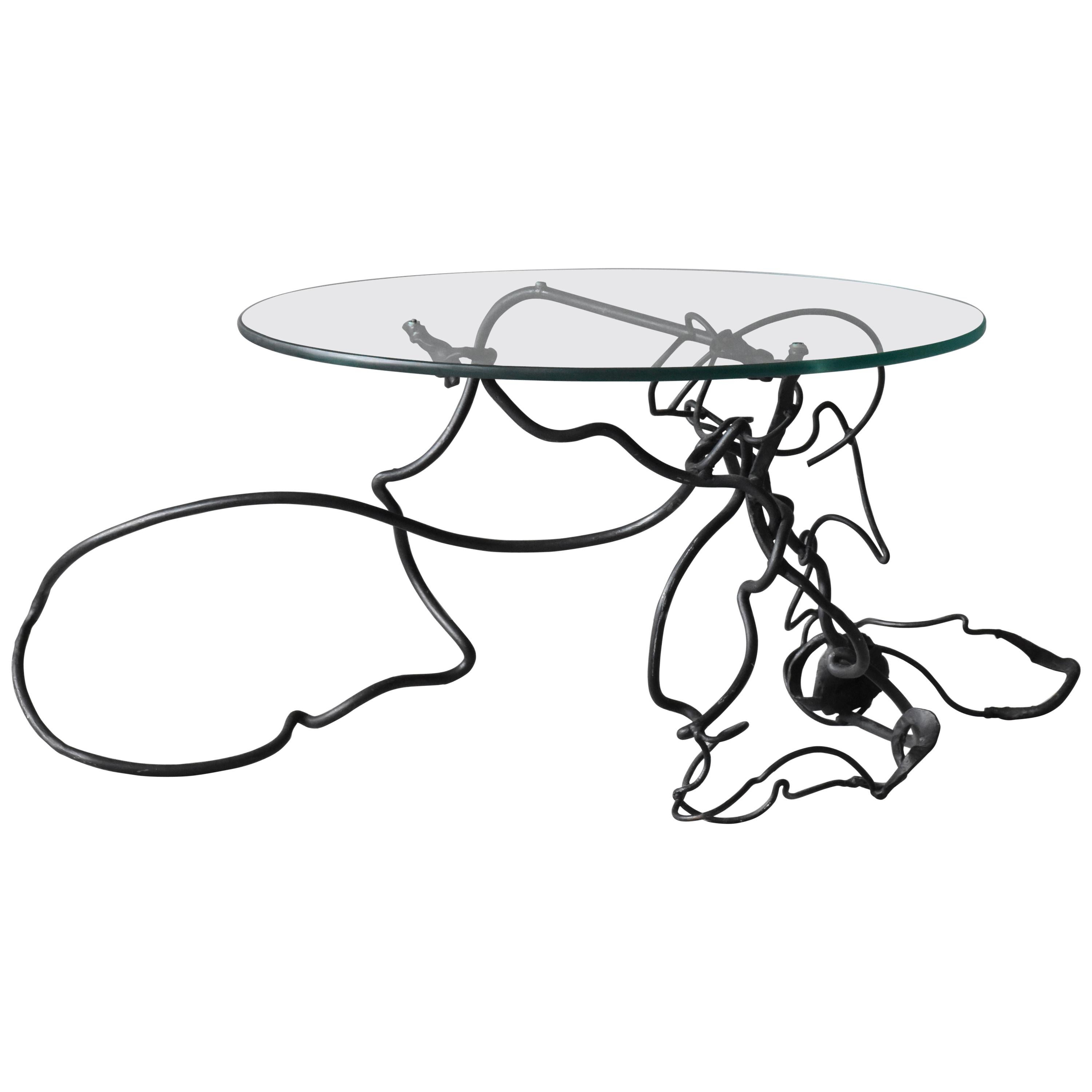 Sculptural Tripod Base Round Glass Top Side Center Table Stand For Sale