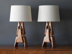 American Modernist Designer, Table Lamps, Oak, Brass, Fabric, America, 1950s