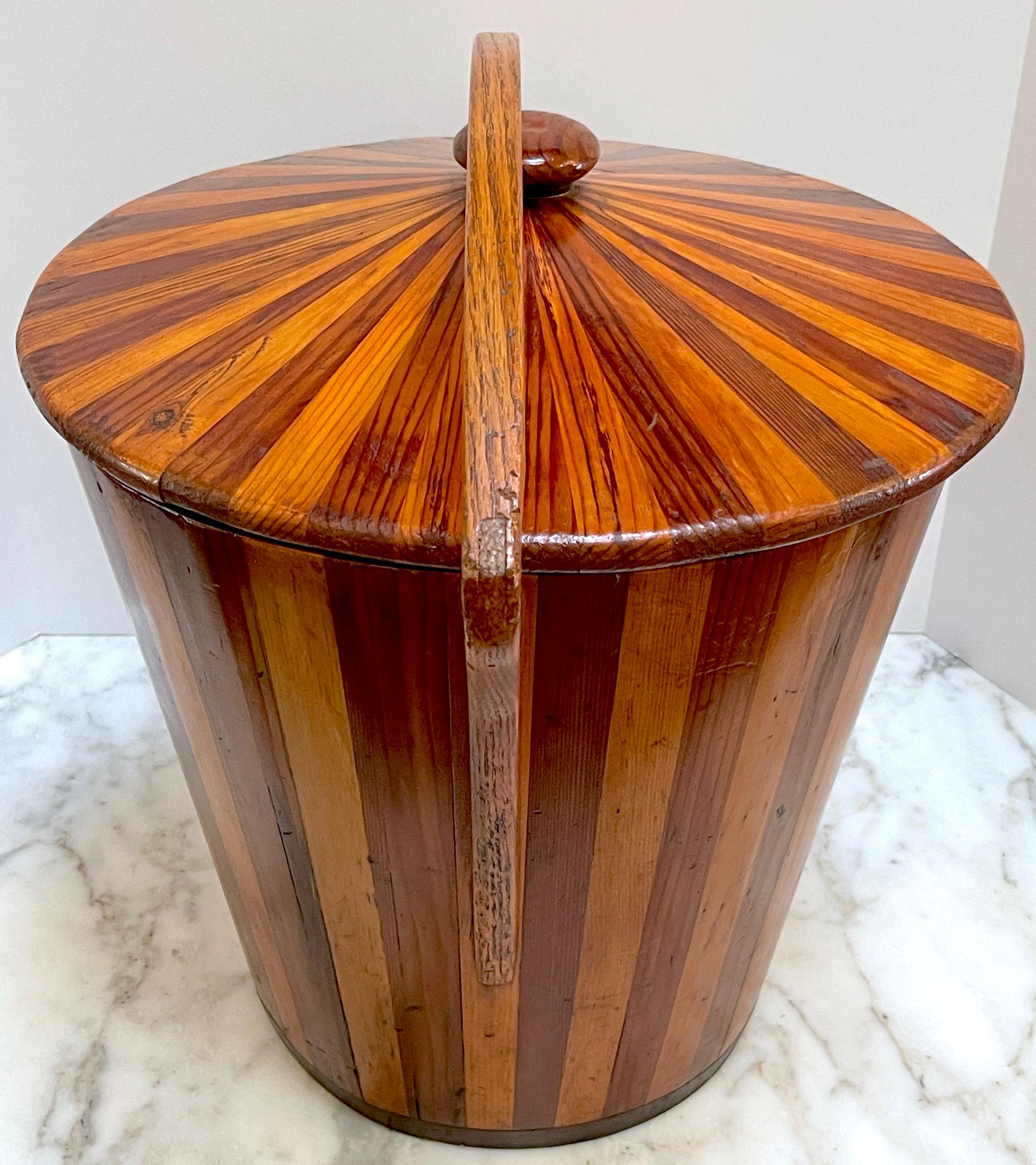 20th Century American Modernist Geometric  Inlaid Two-Tone Wood Lidded Bucket /Vessel, 1950s  For Sale