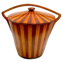 American Modernist Geometric  Inlaid Two-Tone Wood Lidded Bucket /Vessel, 1950s 
