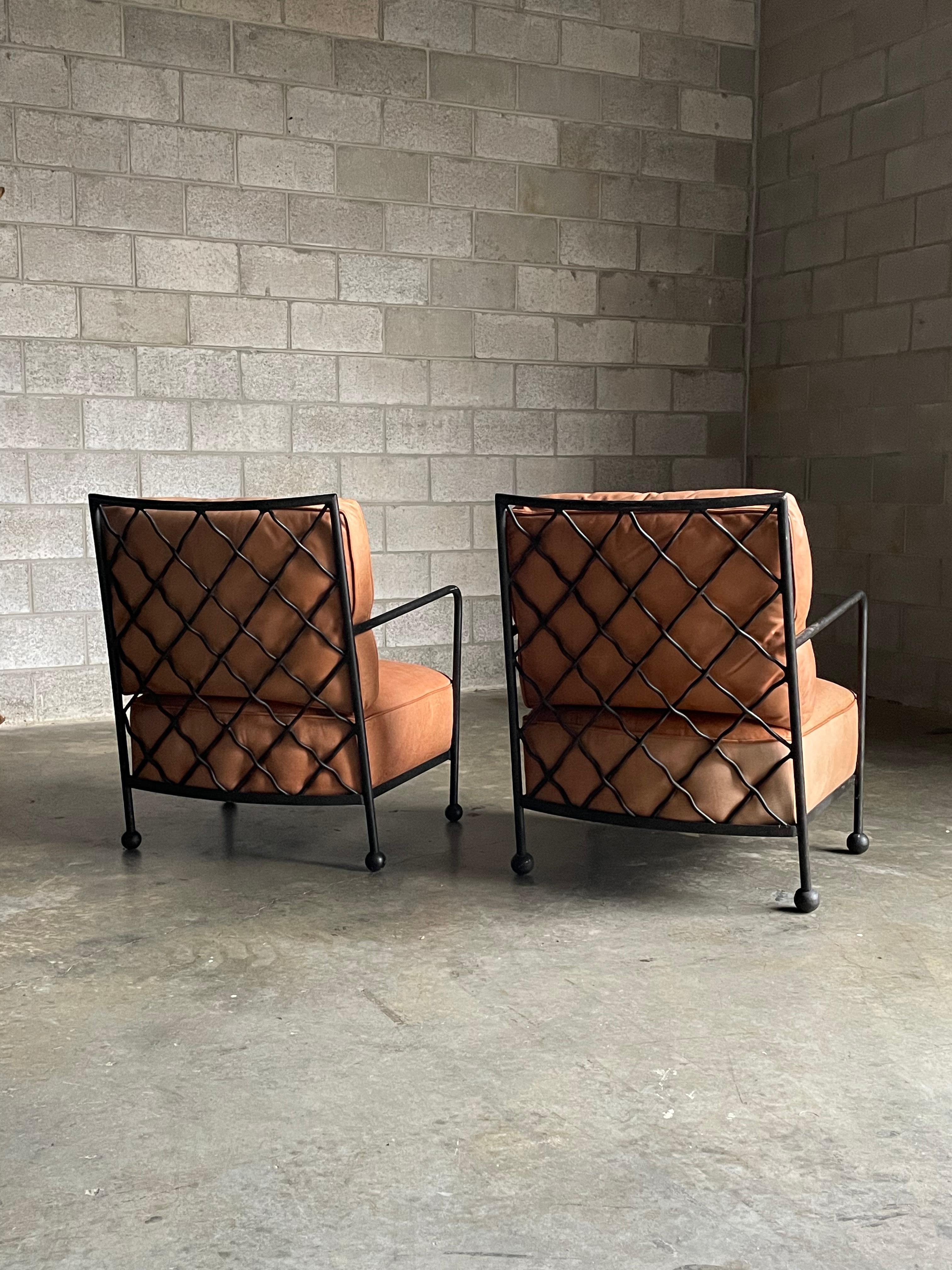 American Modernist Iron and Leather Lounge Chairs After Jean Royére, by Baker 5