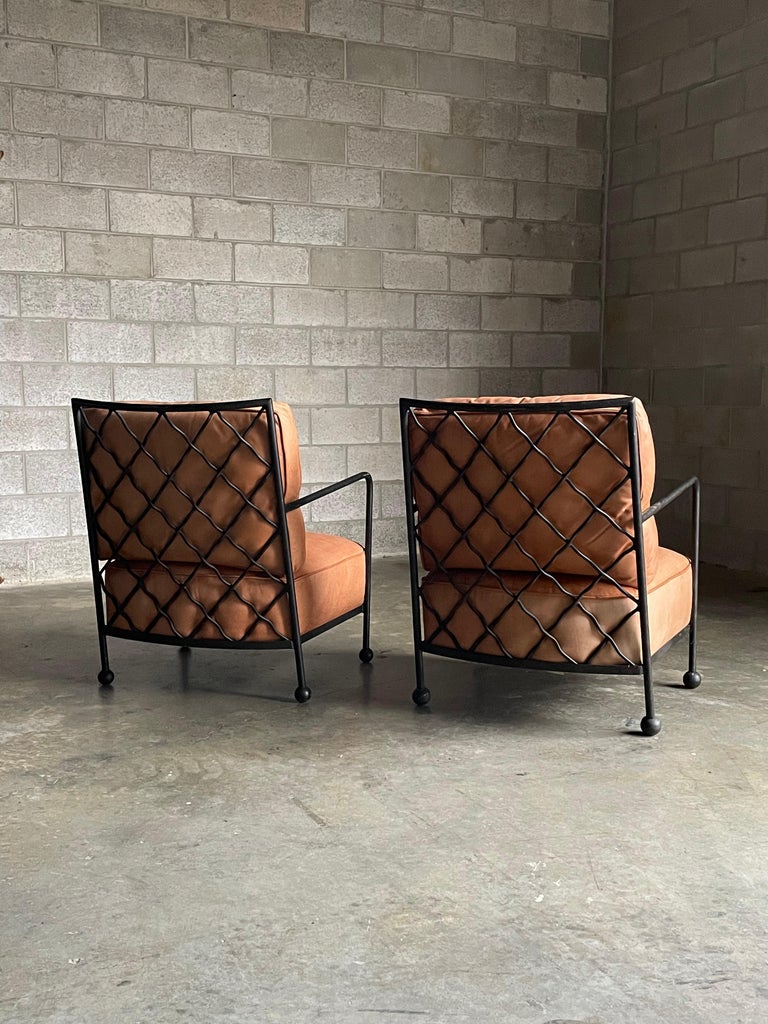 American Modernist Iron and Leather Lounge Chairs After Jean Royére, by Baker For Sale 5
