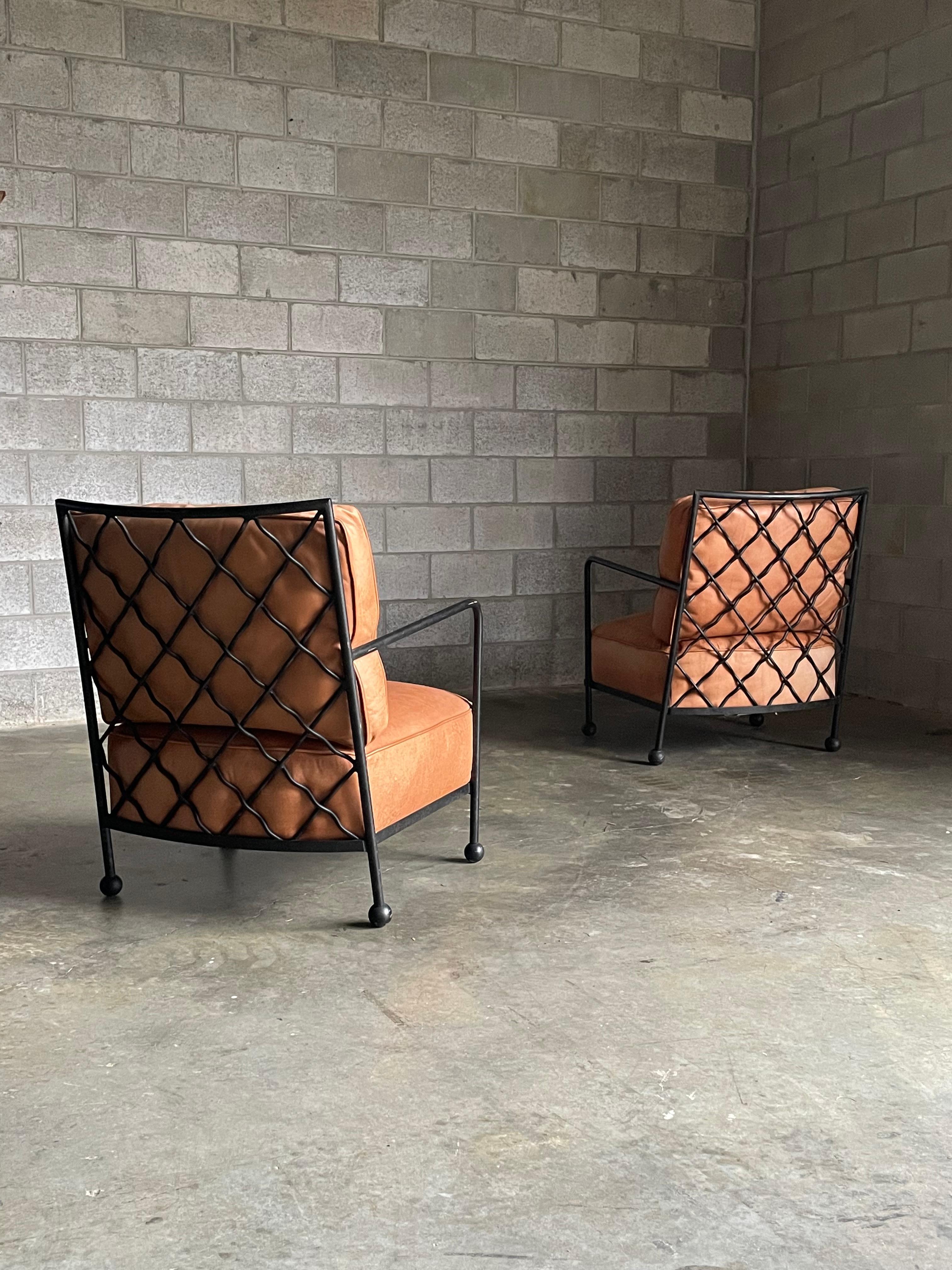 American Modernist Iron and Leather Lounge Chairs After Jean Royére, by Baker 9