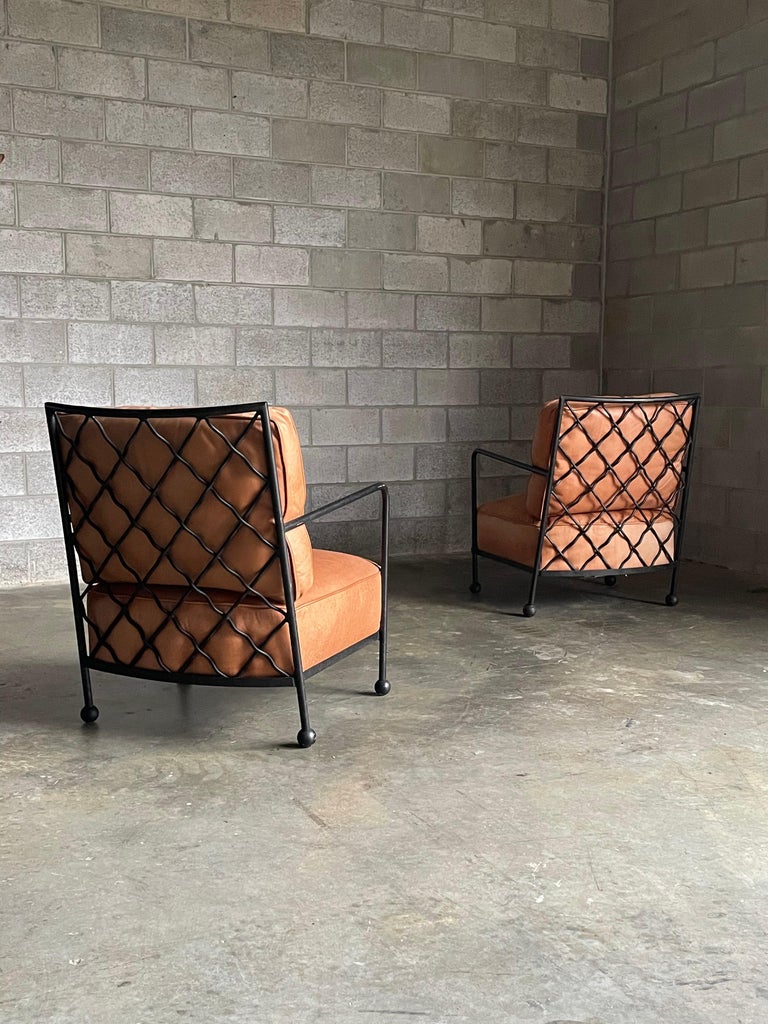 American Modernist Iron and Leather Lounge Chairs After Jean Royére, by Baker For Sale 9