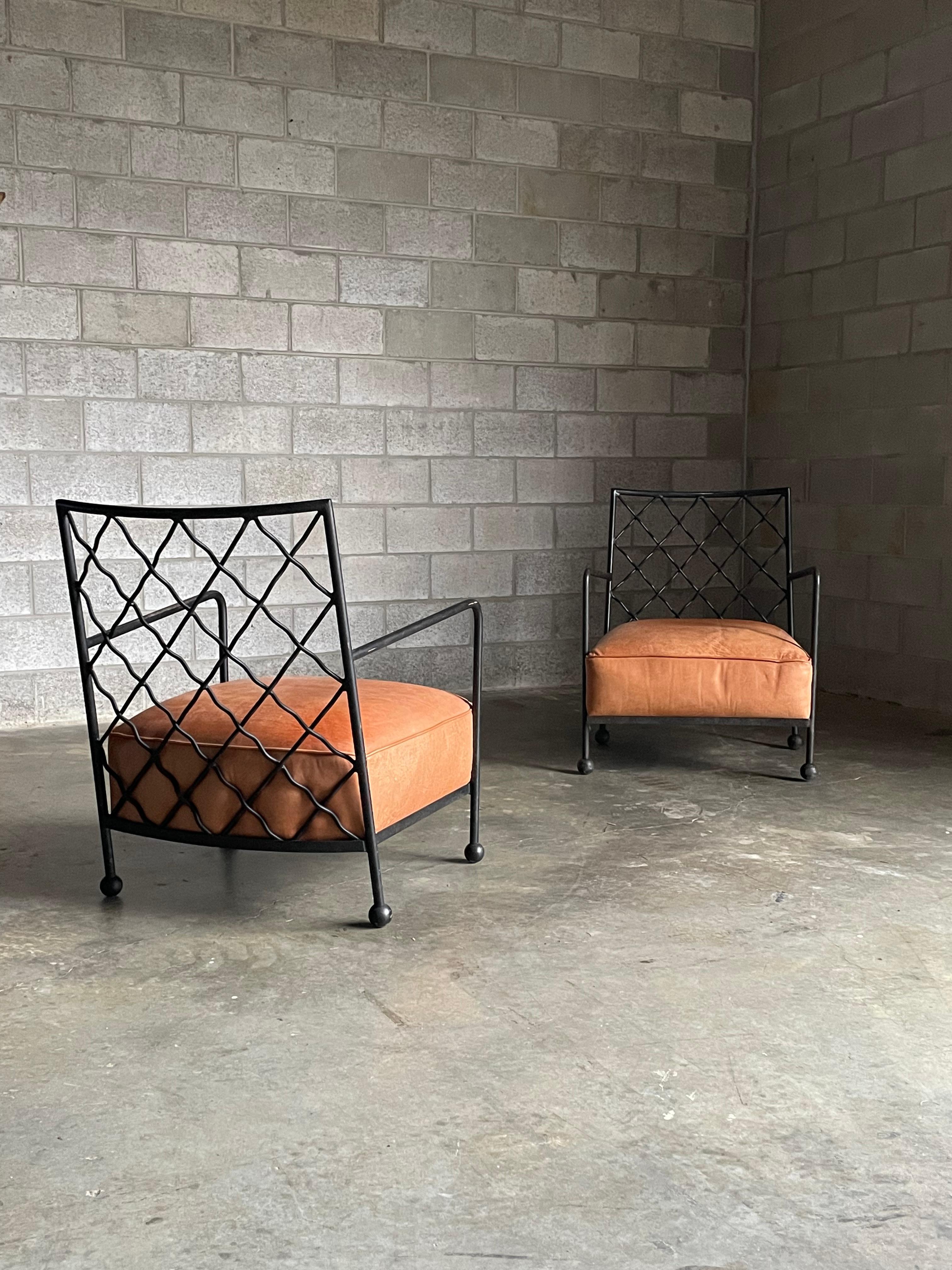 Mid-Century Modern American Modernist Iron and Leather Lounge Chairs After Jean Royére, by Baker