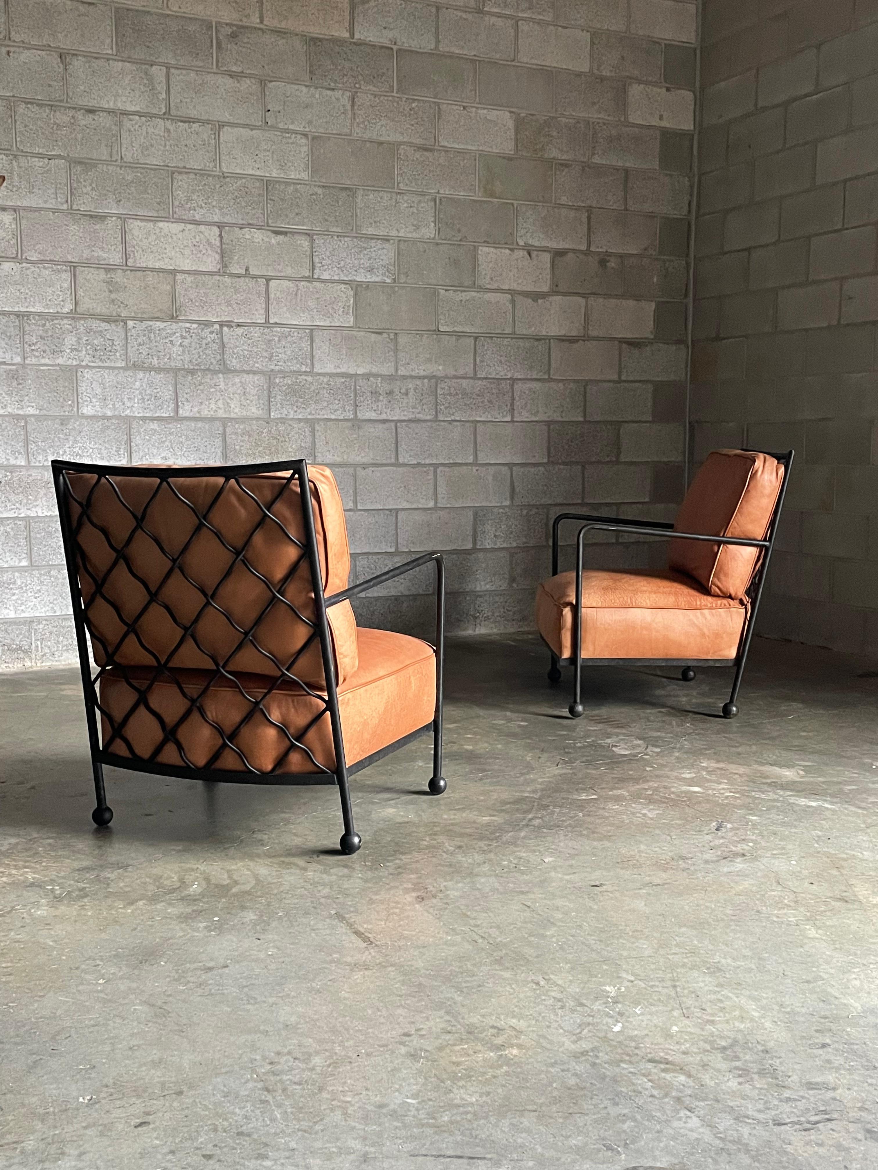 American Modernist Iron and Leather Lounge Chairs After Jean Royére, by Baker In Good Condition In St.Petersburg, FL