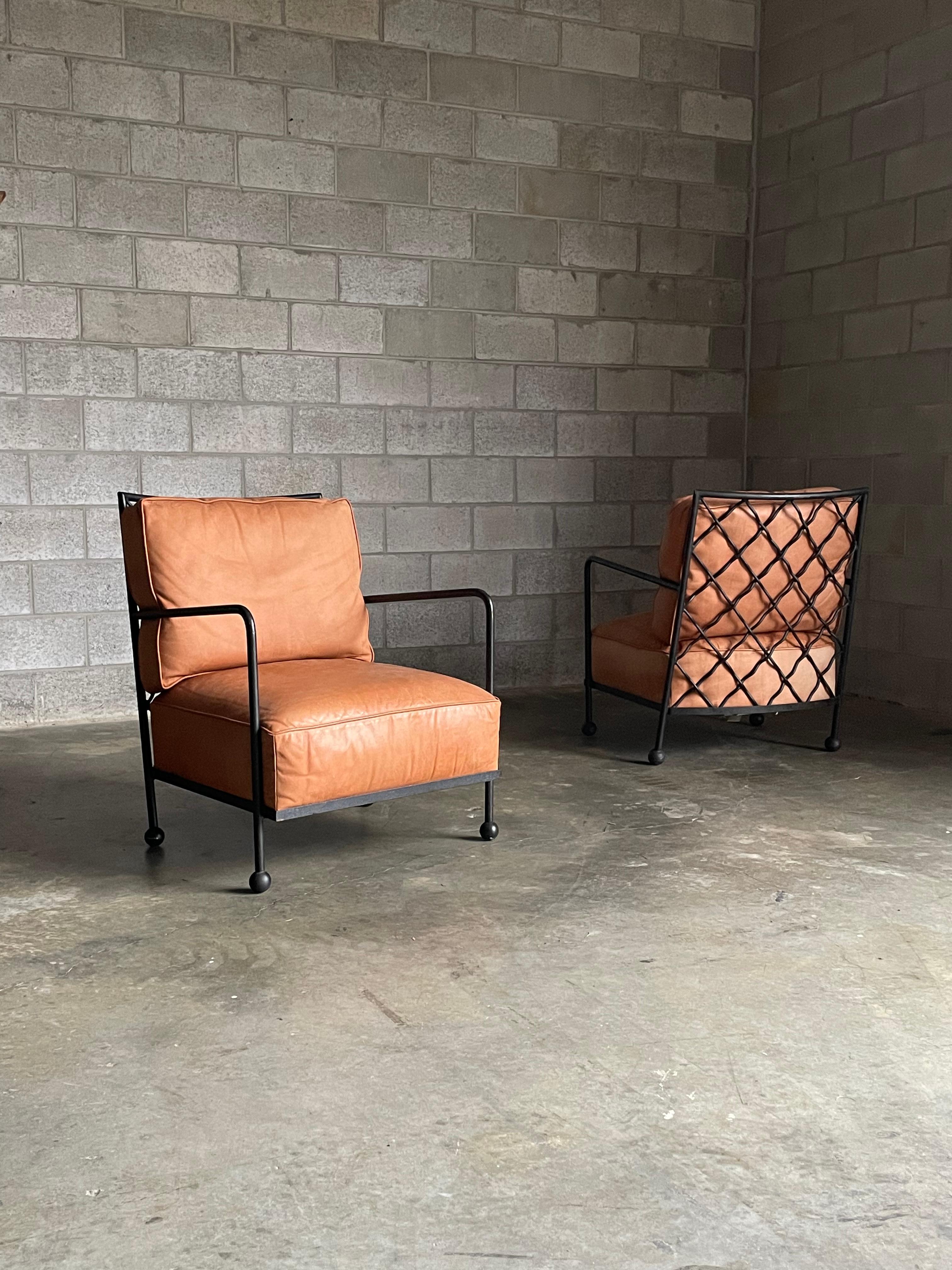Late 20th Century American Modernist Iron and Leather Lounge Chairs After Jean Royére, by Baker