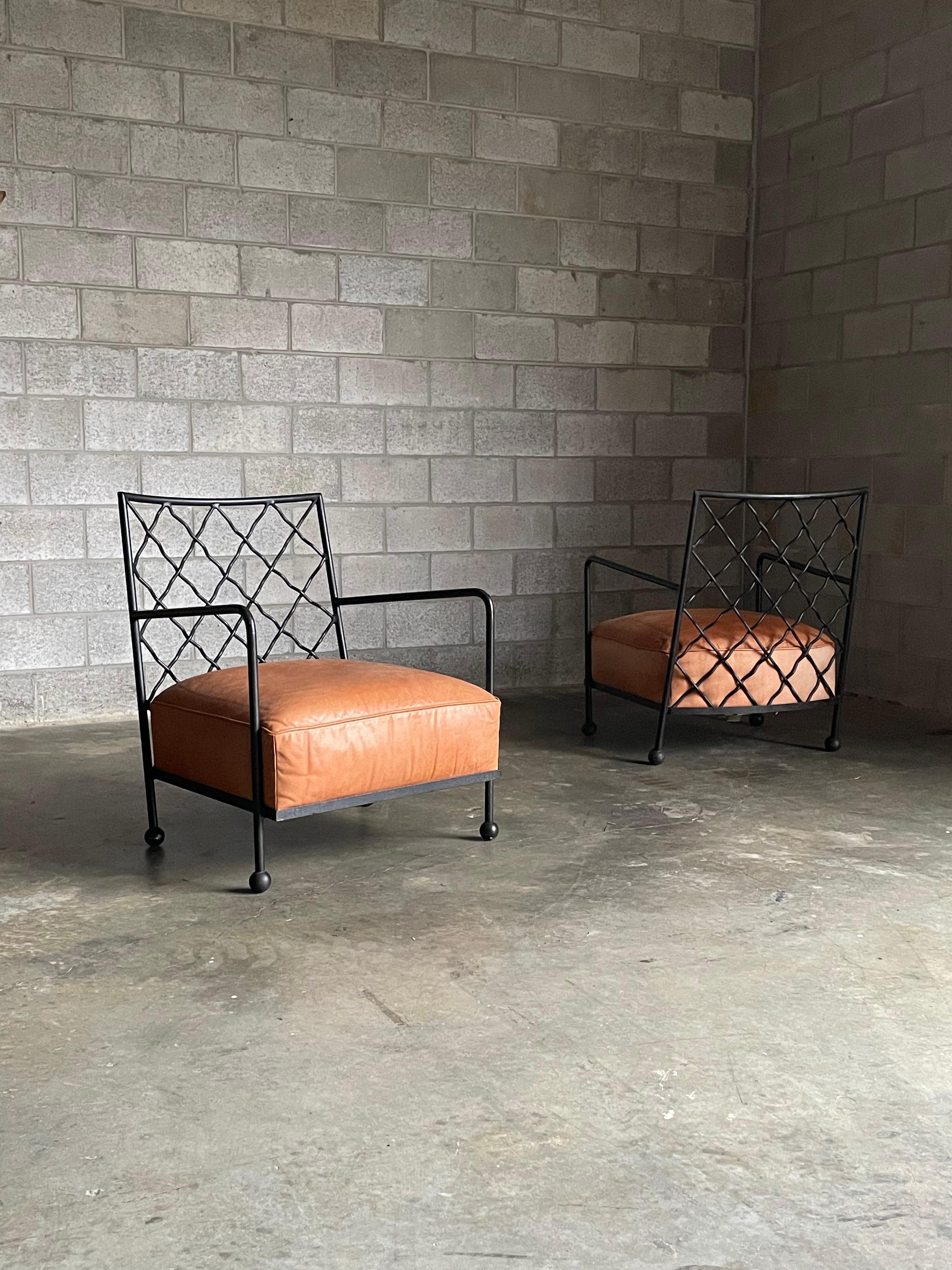 American Modernist Iron and Leather Lounge Chairs After Jean Royére, by Baker 1