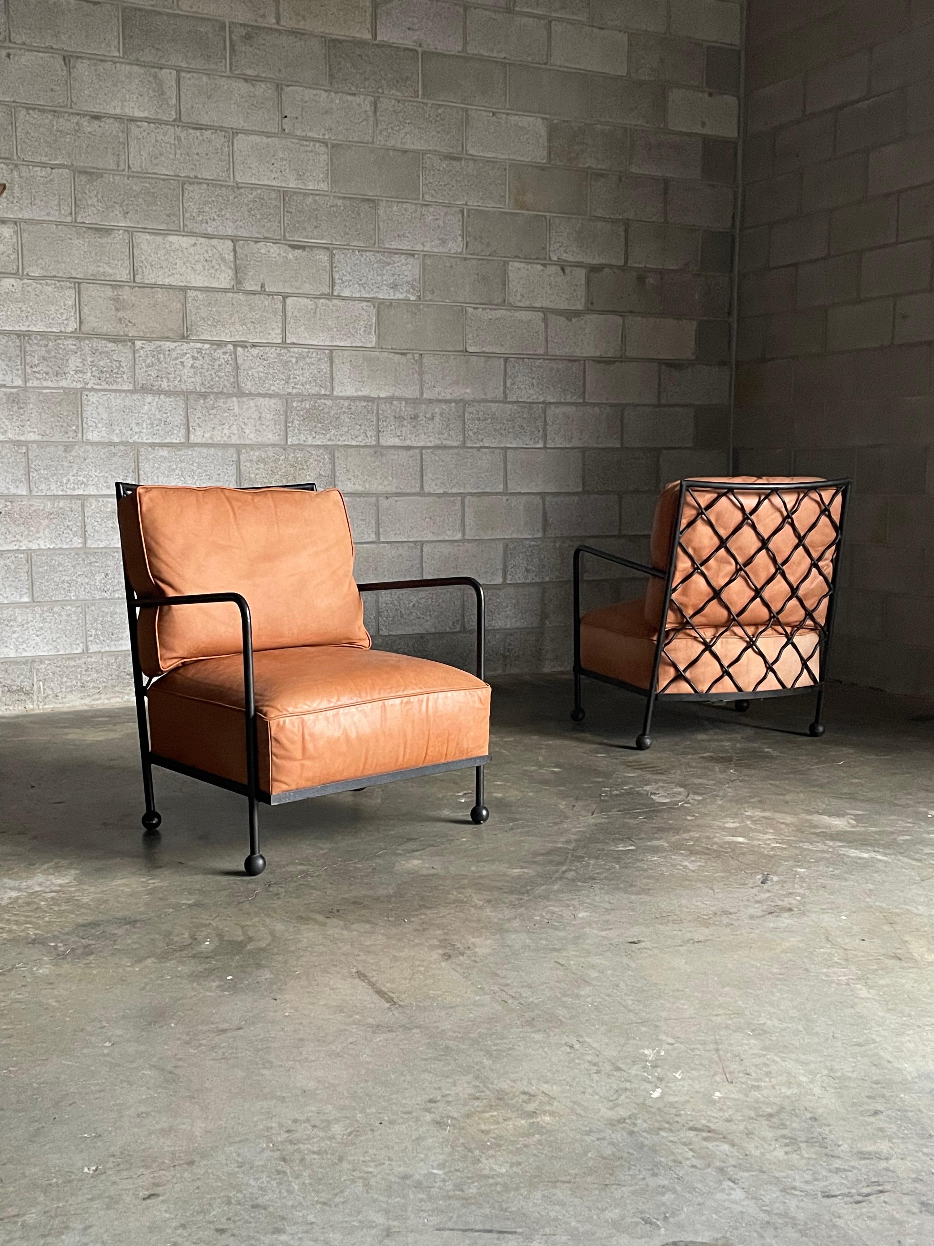 American Modernist Iron and Leather Lounge Chairs After Jean Royére, by Baker 2