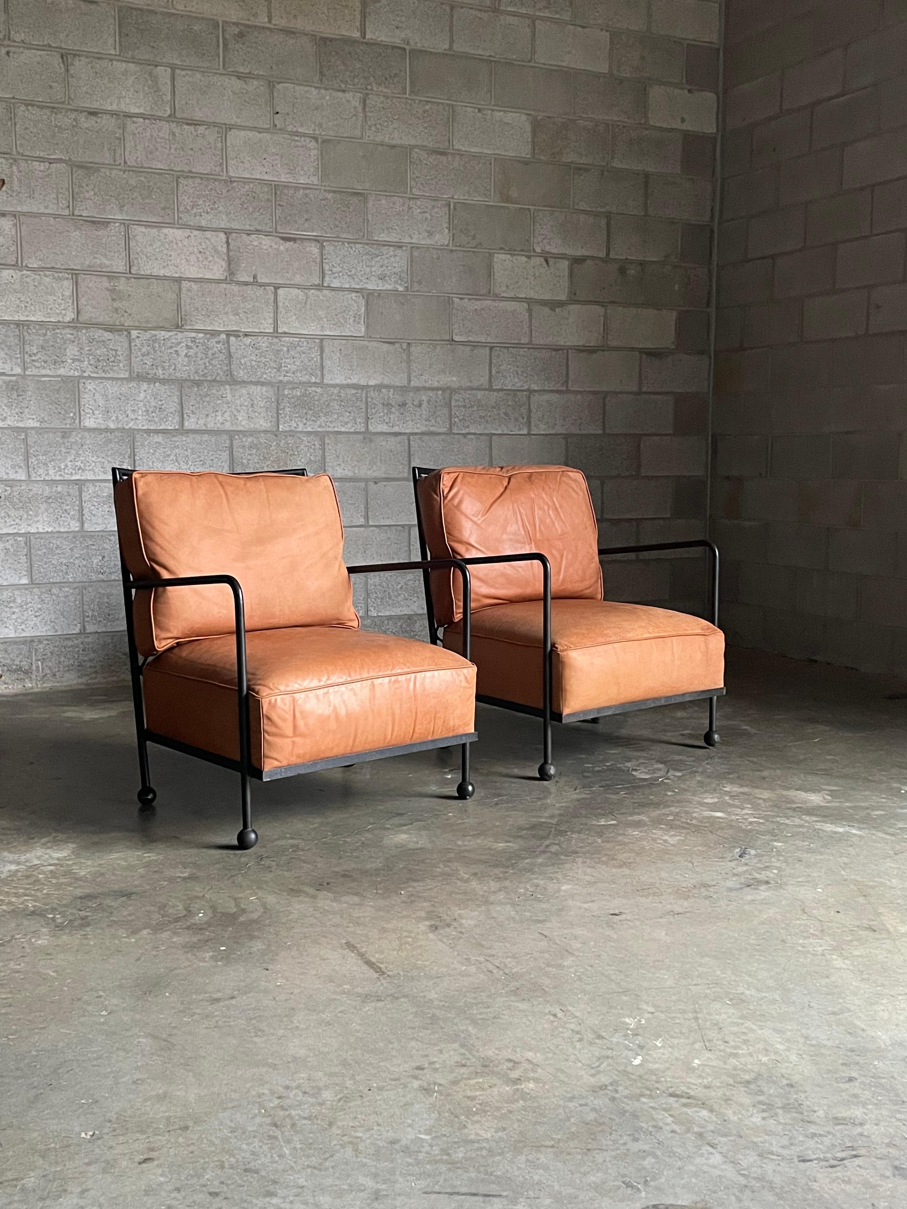American Modernist Iron and Leather Lounge Chairs After Jean Royére, by Baker 3