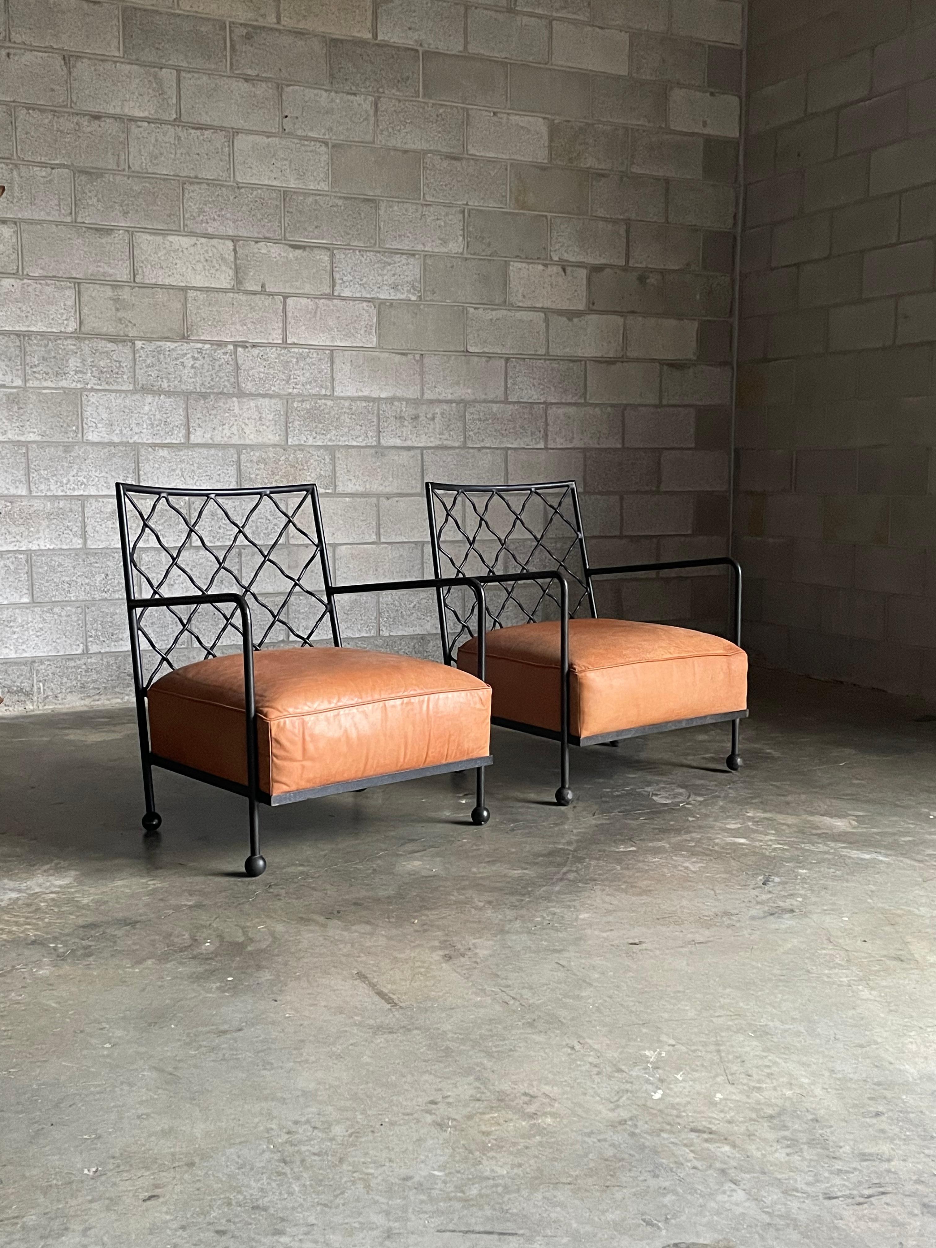 American Modernist Iron and Leather Lounge Chairs After Jean Royére, by Baker 4