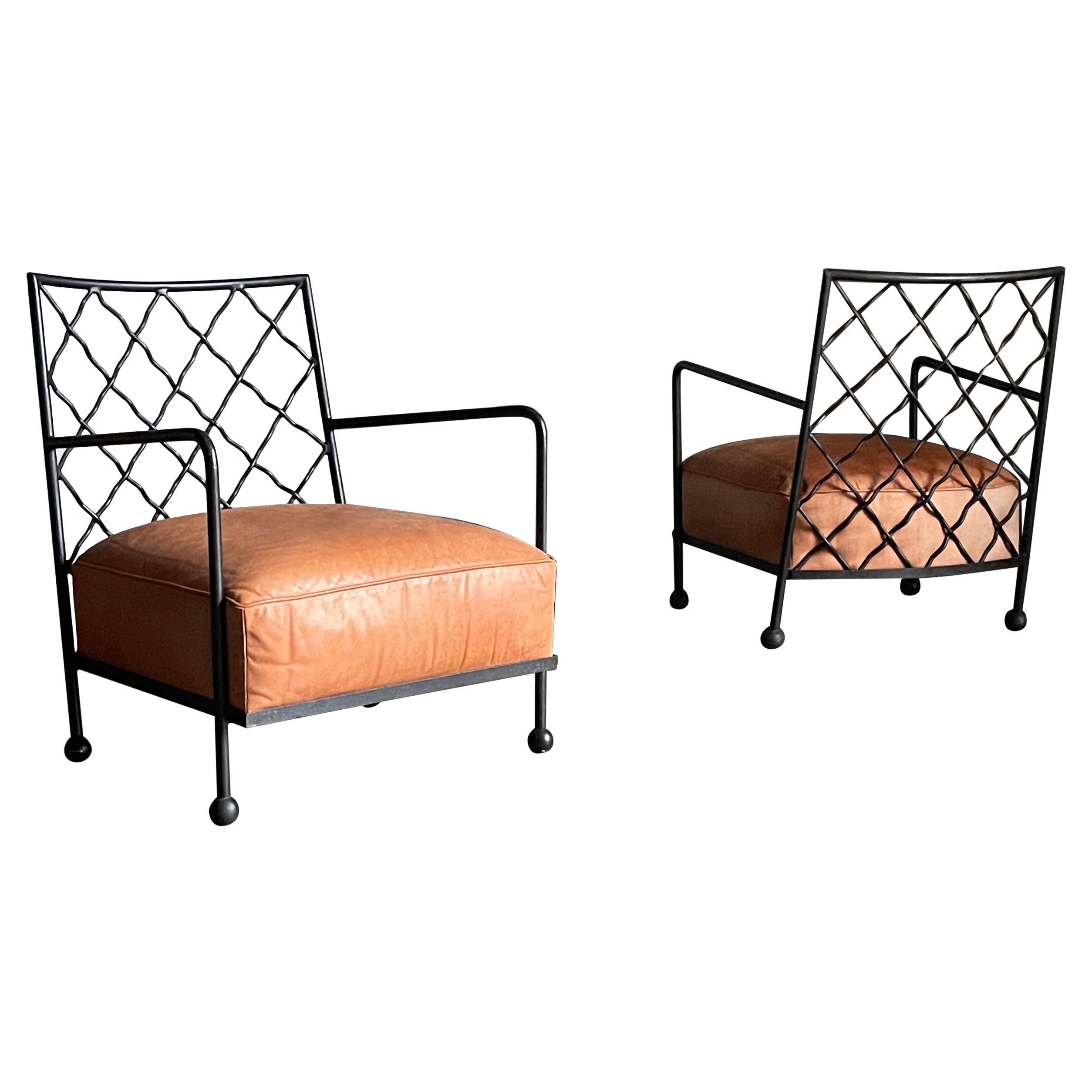 American Modernist Iron and Leather Lounge Chairs After Jean Royére, by Baker