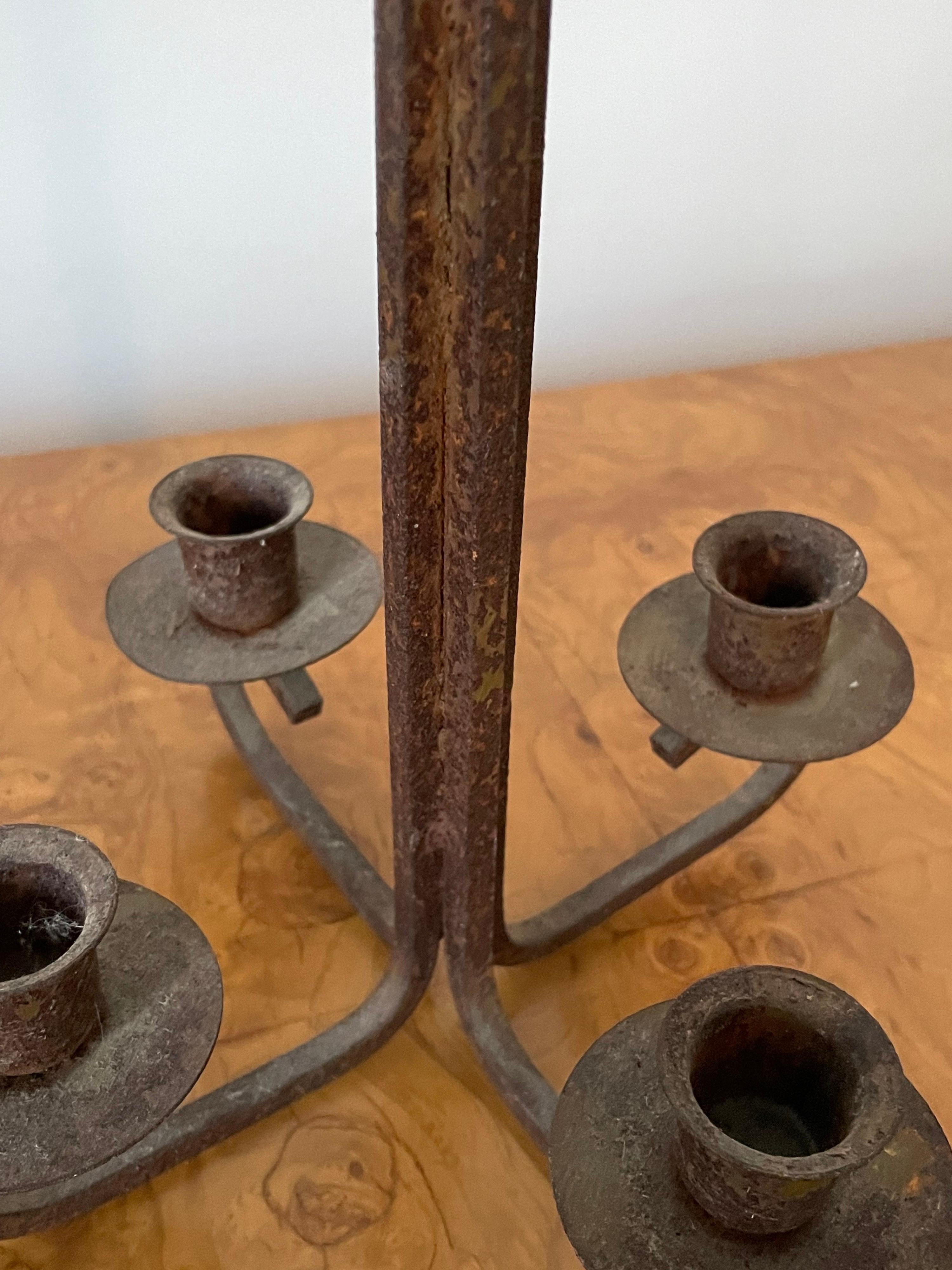 American Modernist Patinated Wrought Iron Candelbra In Fair Condition For Sale In St.Petersburg, FL