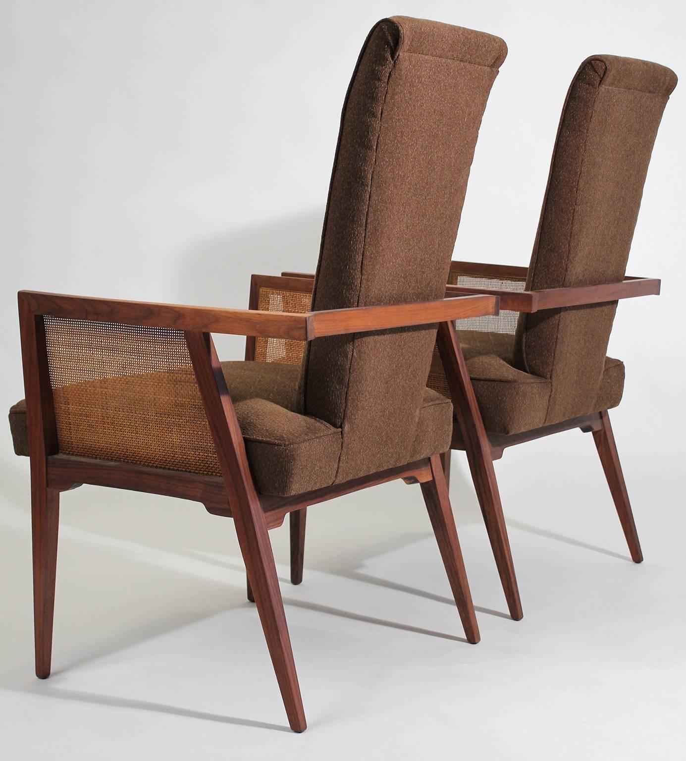 American Modernist Walnut and Cane Tall Back Sitting Desk Accent Armchairs In Excellent Condition In San Diego, CA