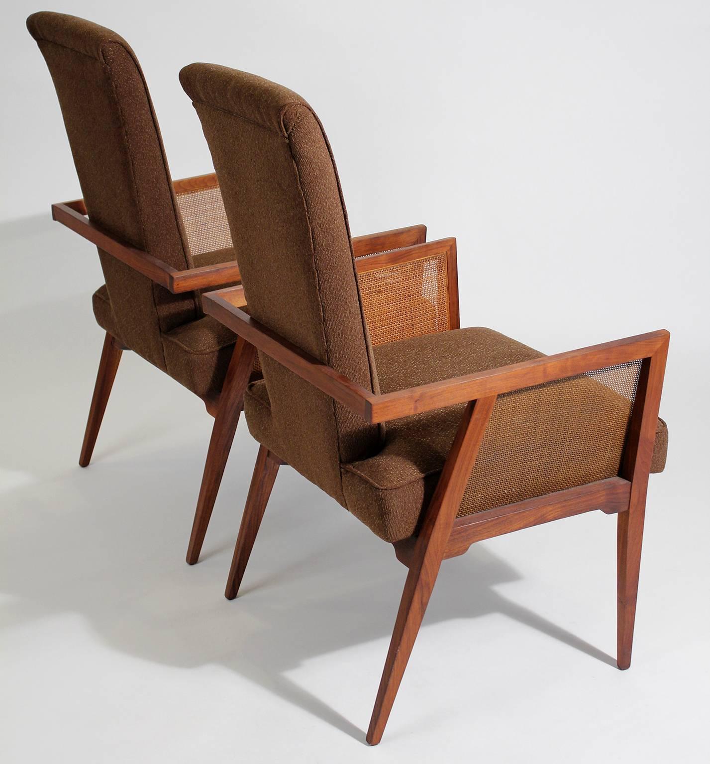 20th Century American Modernist Walnut and Cane Tall Back Sitting Desk Accent Armchairs