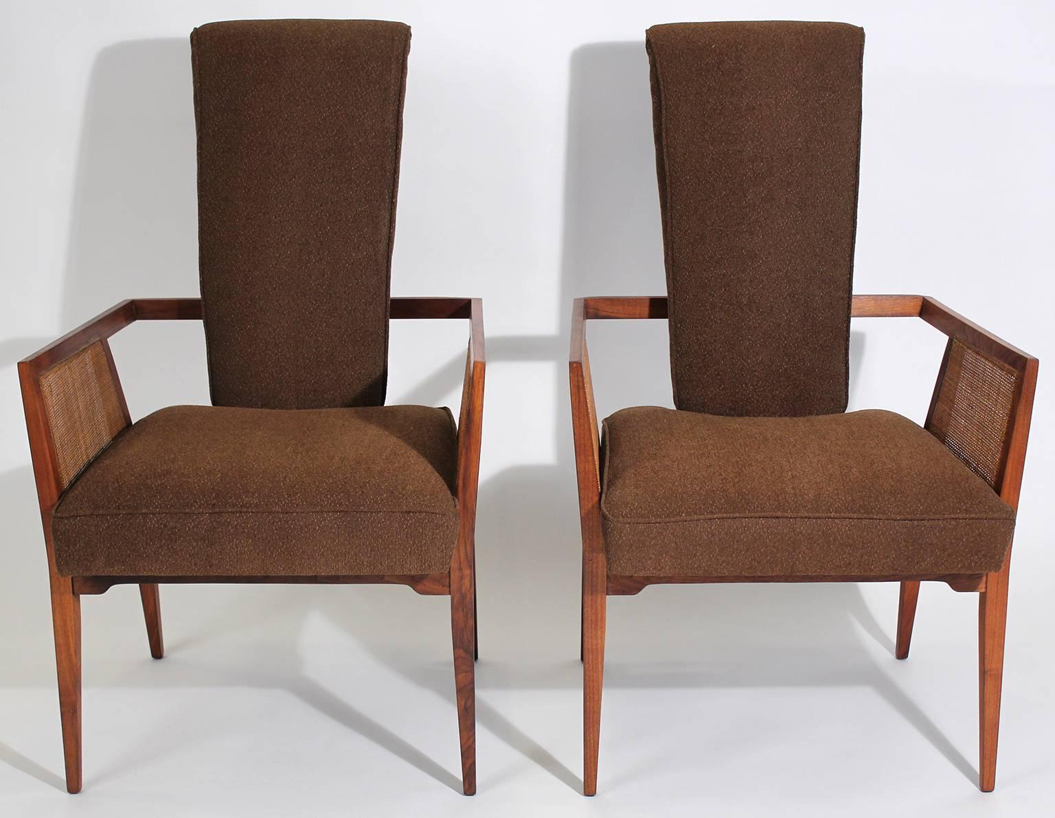 American Modernist Walnut and Cane Tall Back Sitting Desk Accent Armchairs 1
