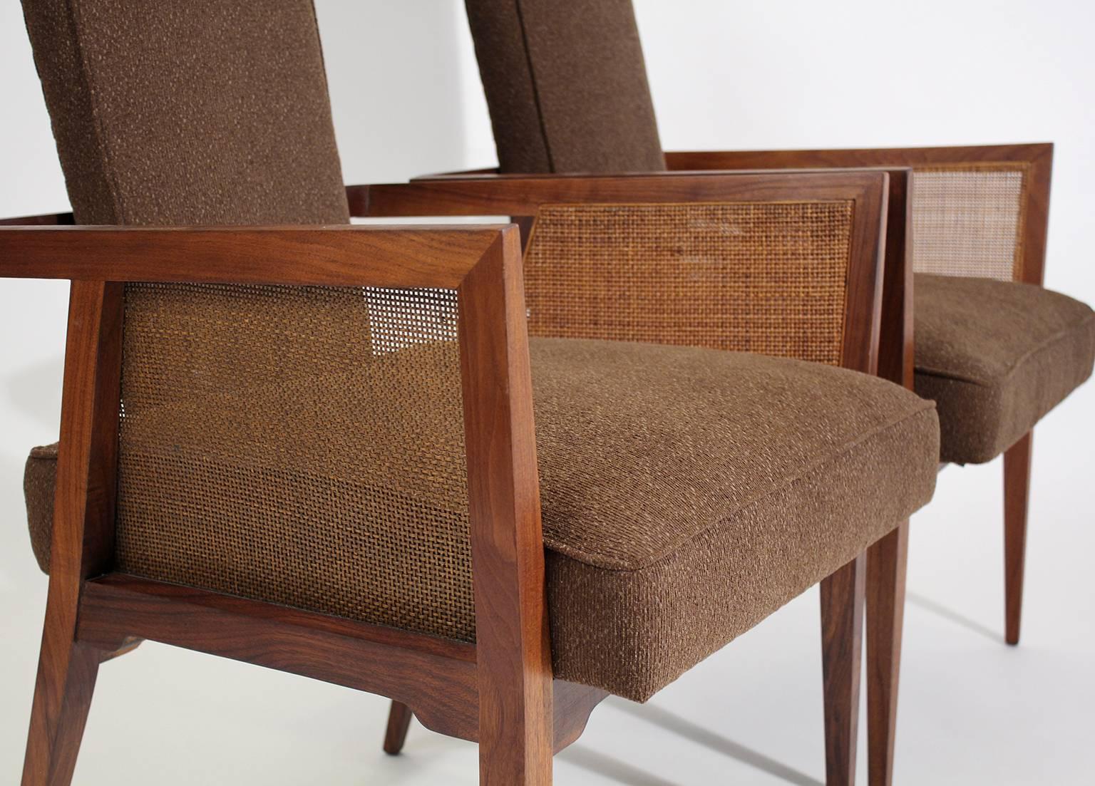 American Modernist Walnut and Cane Tall Back Sitting Desk Accent Armchairs 2