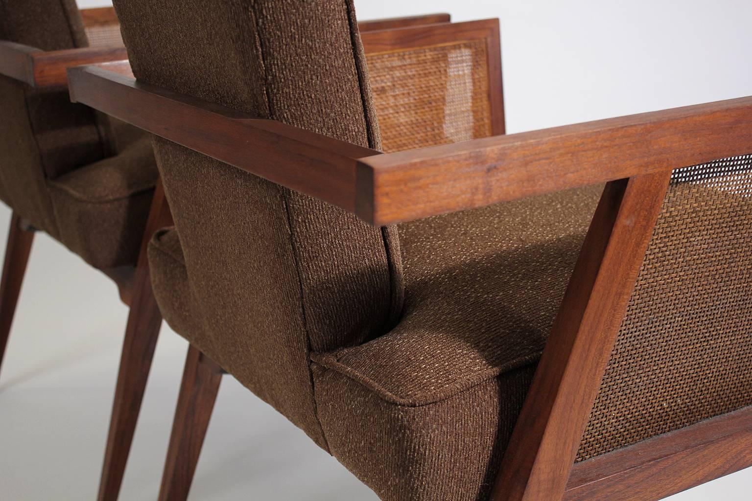 American Modernist Walnut and Cane Tall Back Sitting Desk Accent Armchairs 4