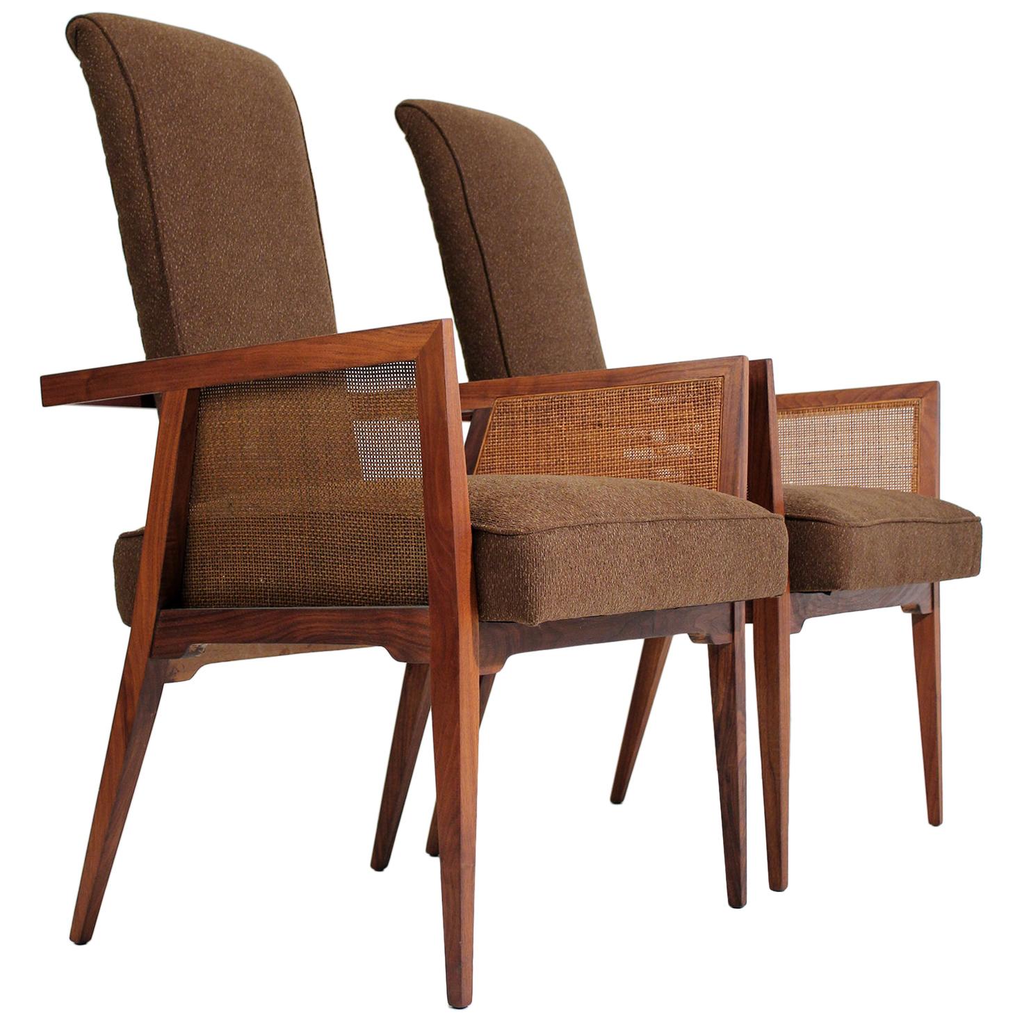 American Modernist Walnut and Cane Tall Back Sitting Desk Accent Armchairs