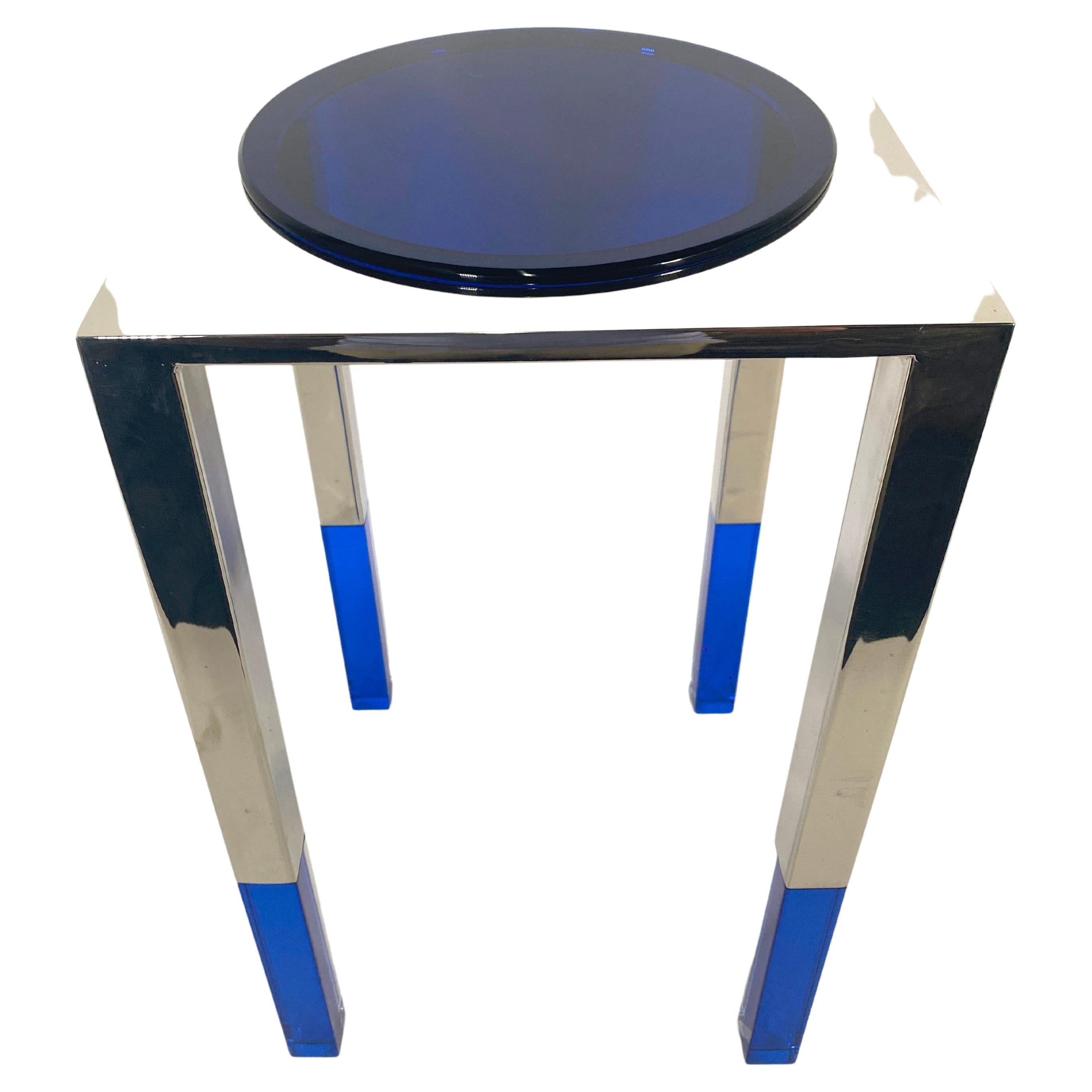 American Modern "MOON" Table, Polished Nickel & Blue Lucite Charles Hollis Jones For Sale