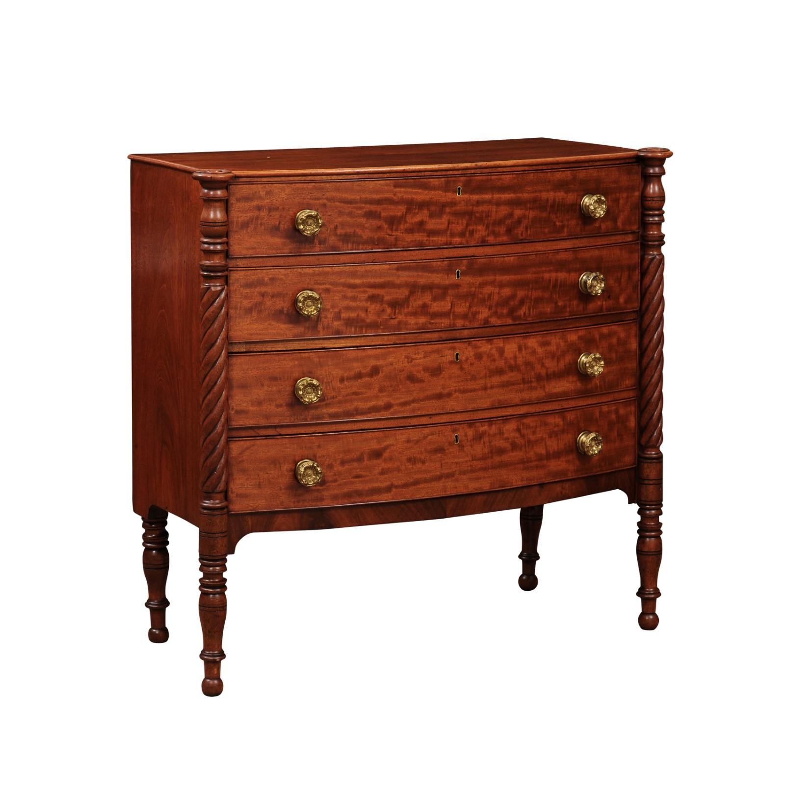 American Moses Mellen Boston Federal Bowfront Chest with 4 Drawers and Turned Legs, Early 19th Century
