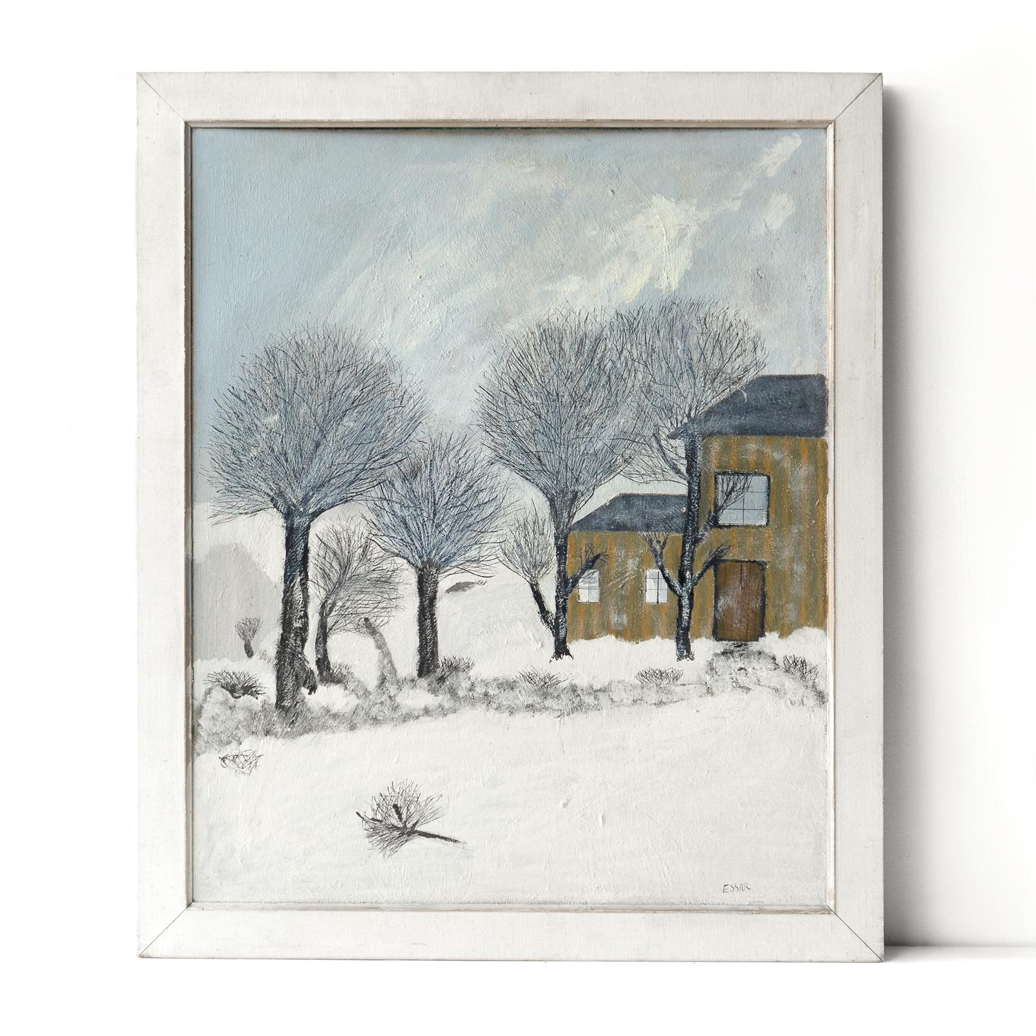 PITTURA AD OLIO VINTAGE 
Un'incantevole scena che ritrae una casa di legno e graffianti alberi di orso nel cuore dell'inverno, con la neve alta sul terreno e l'aria sferzante.

Dipinto in uno stile folk estremamente affascinante e ingenuo che