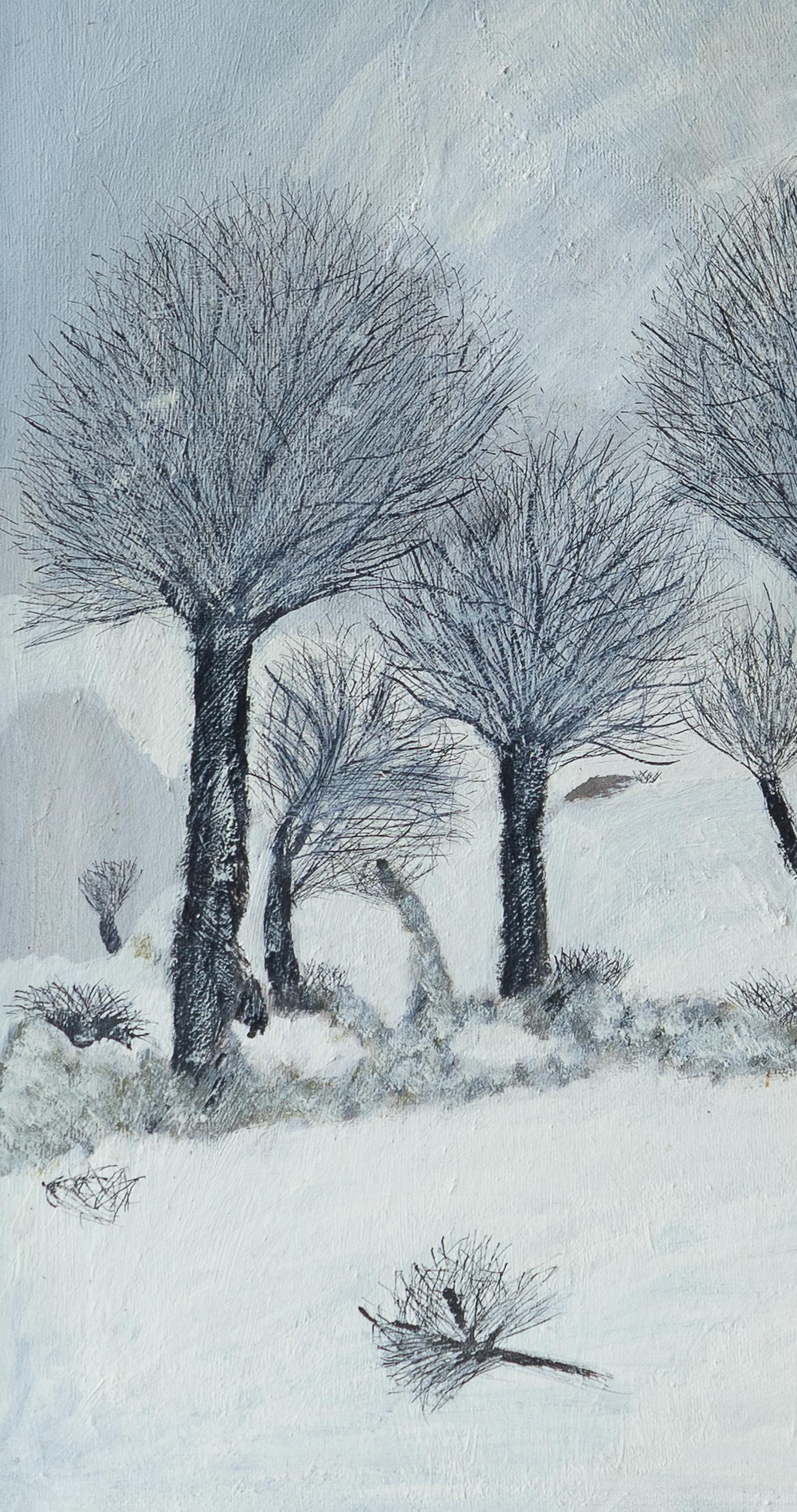 Americano Paesaggio invernale innevato di arte popolare naif americana, pittura a olio originale d'epoca