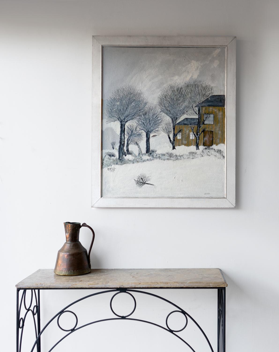 Dipinto a mano Paesaggio invernale innevato di arte popolare naif americana, pittura a olio originale d'epoca