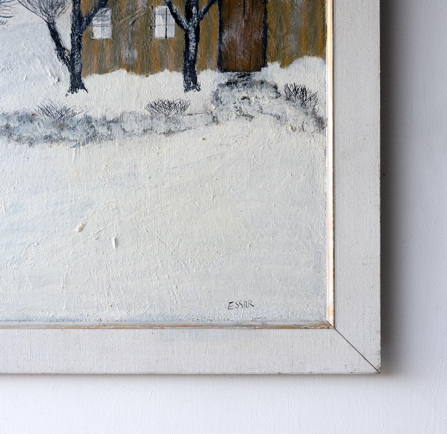 Paesaggio invernale innevato di arte popolare naif americana, pittura a olio originale d'epoca In condizioni buone a Bristol, GB