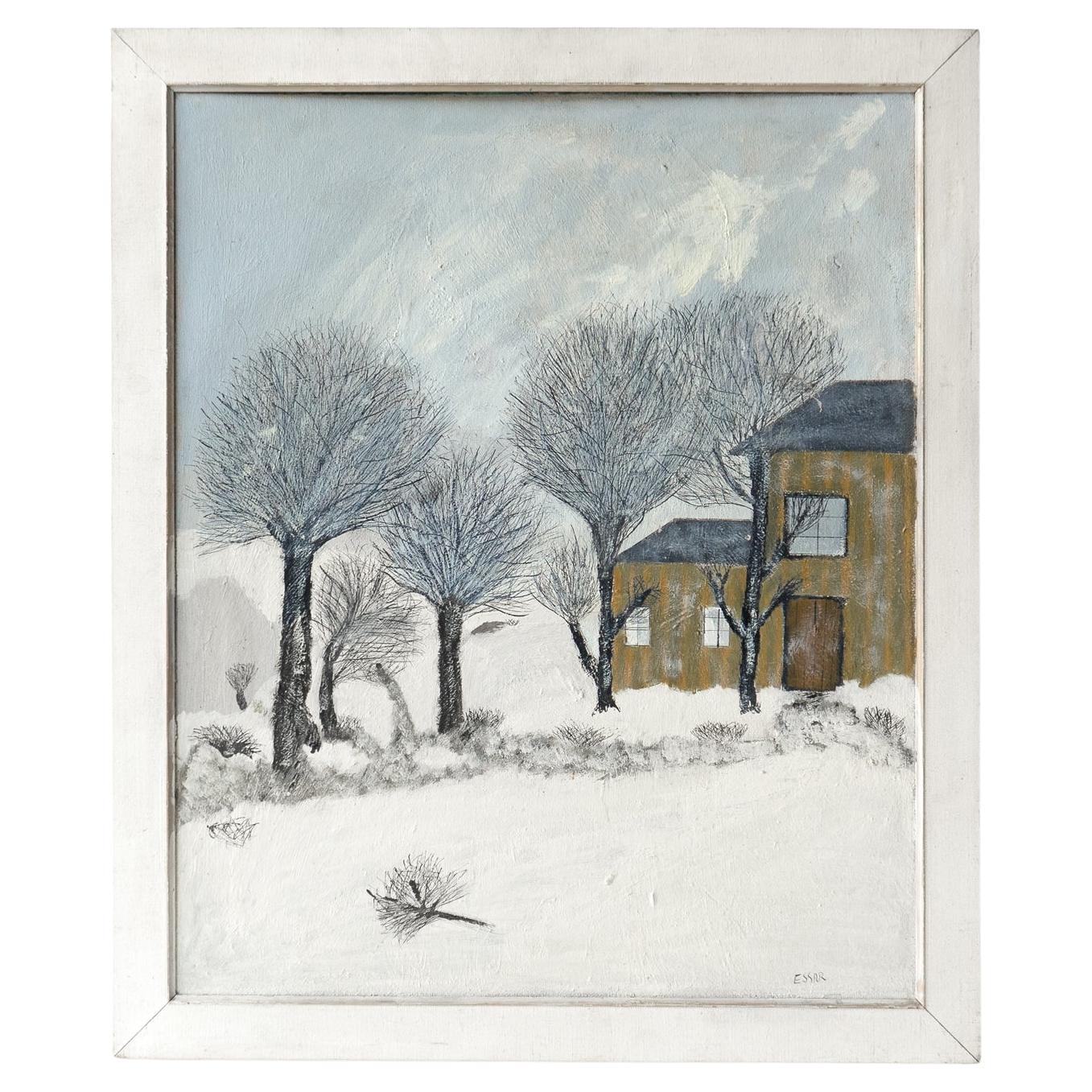 American Naive Folk Art Snowy Winter Landscape, Vintage Original Oil Painting